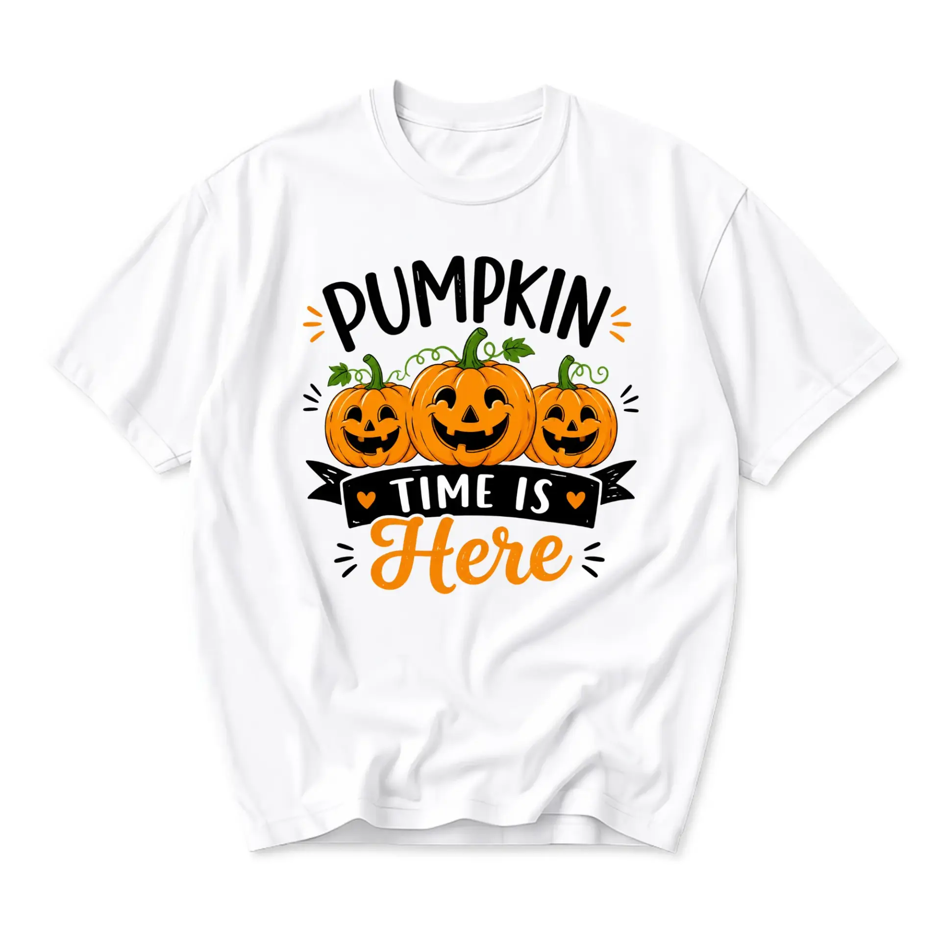 Graphic Tee Pumpkin Time Is Here Fall Season Autumn Holiday Unisex Crew Neck Shirt Comfortable Casual Everyday Apparel