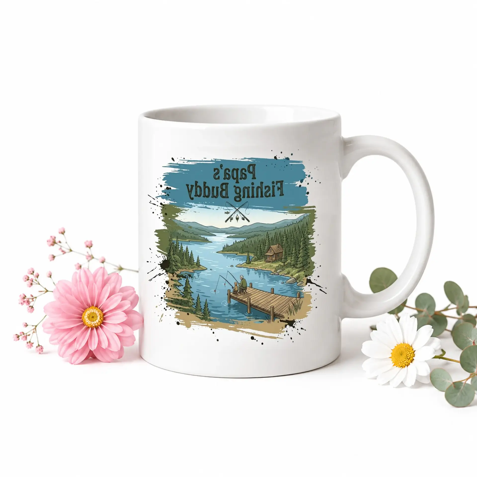 Sentimental Fishing Themed Coffee Mug Featuring Scenic Lake Illustration for Outdoor Enthusiasts and Hobbyists