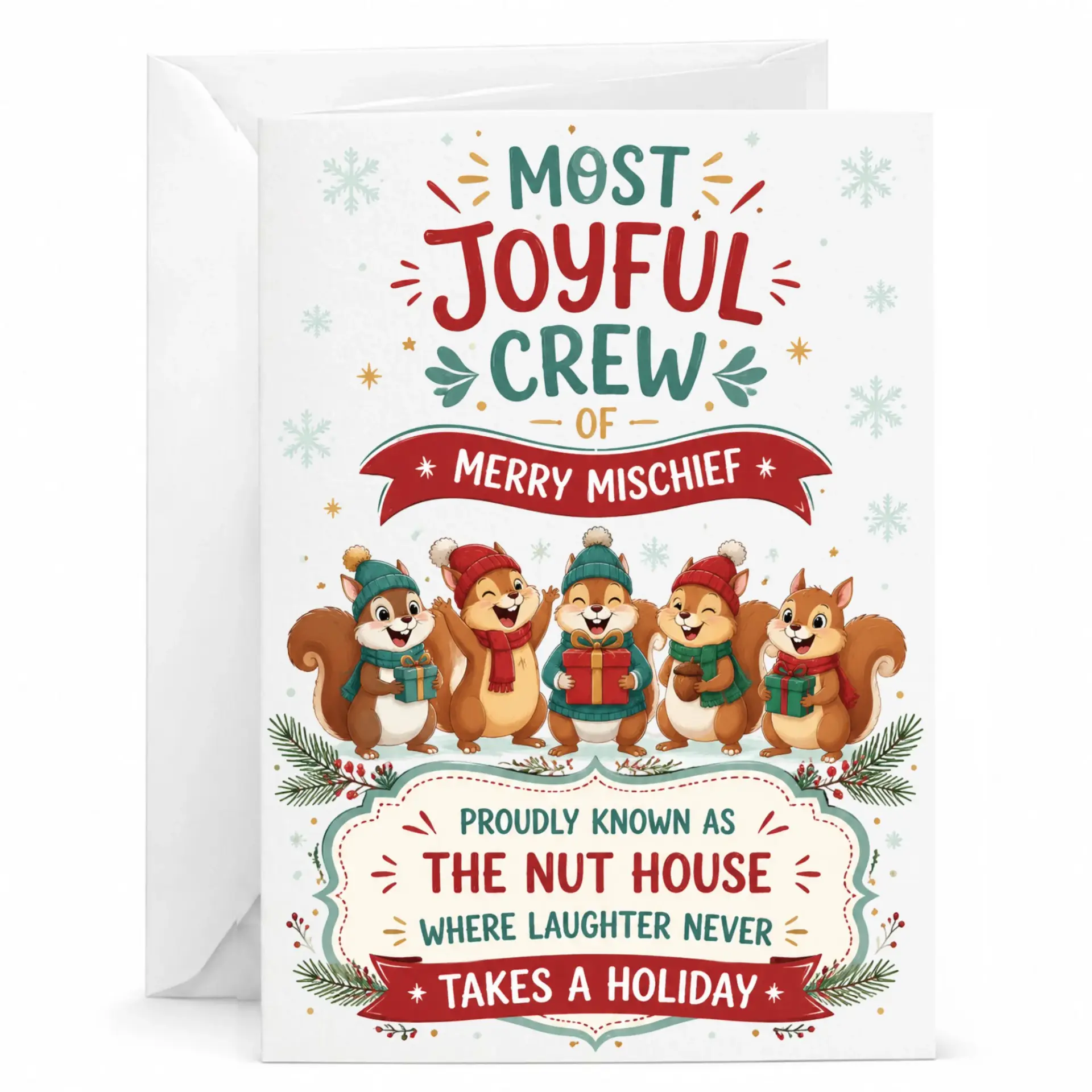 Funny Holiday Greeting Card Featuring Cute Squirrels with Gifts and Whimsical Text Most Joyful Crew of Merry Mischief
