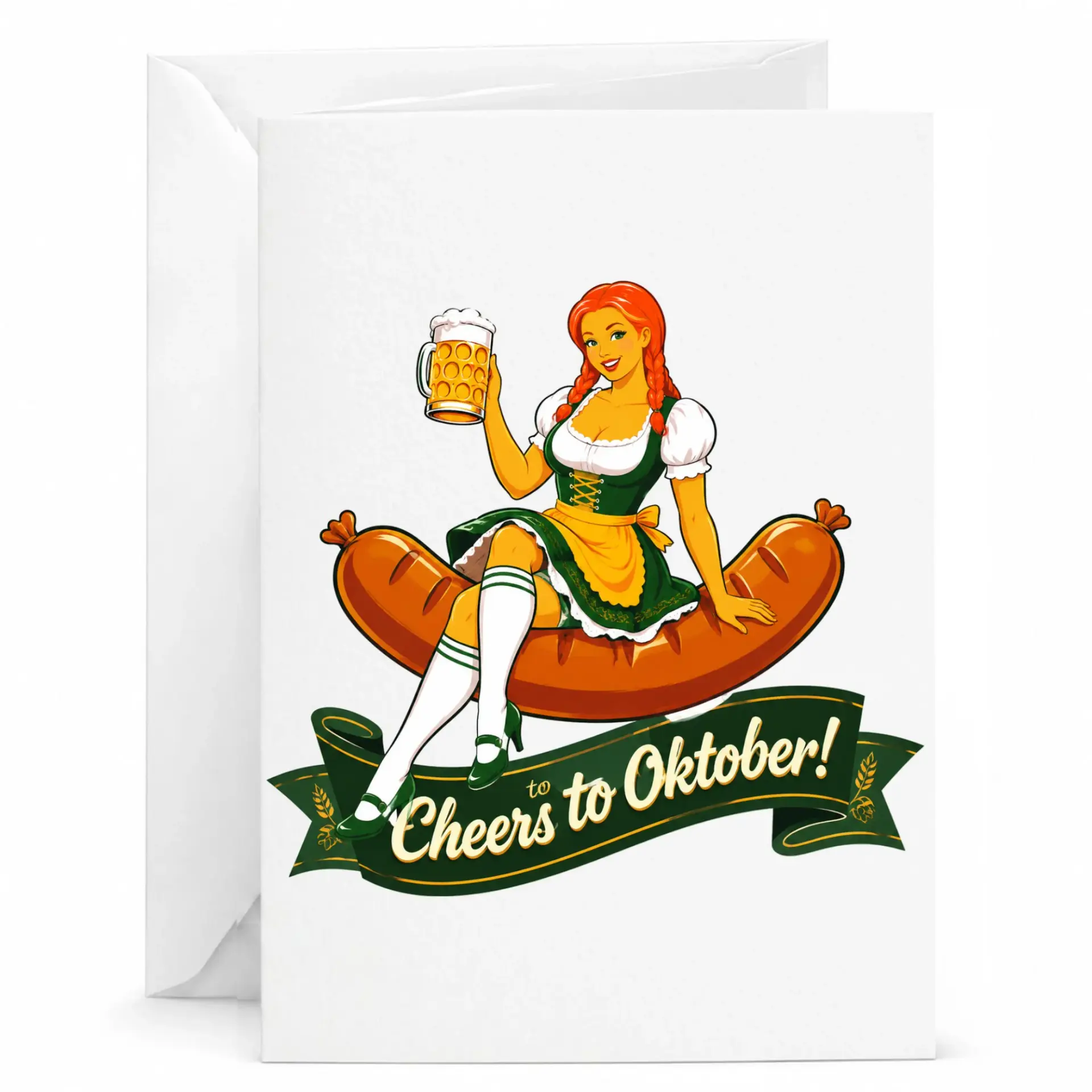 Funny Beer Festival Greeting Card Featuring Pin-Up Style Woman Sitting on Large Sausage with Cheers to Oktober Text