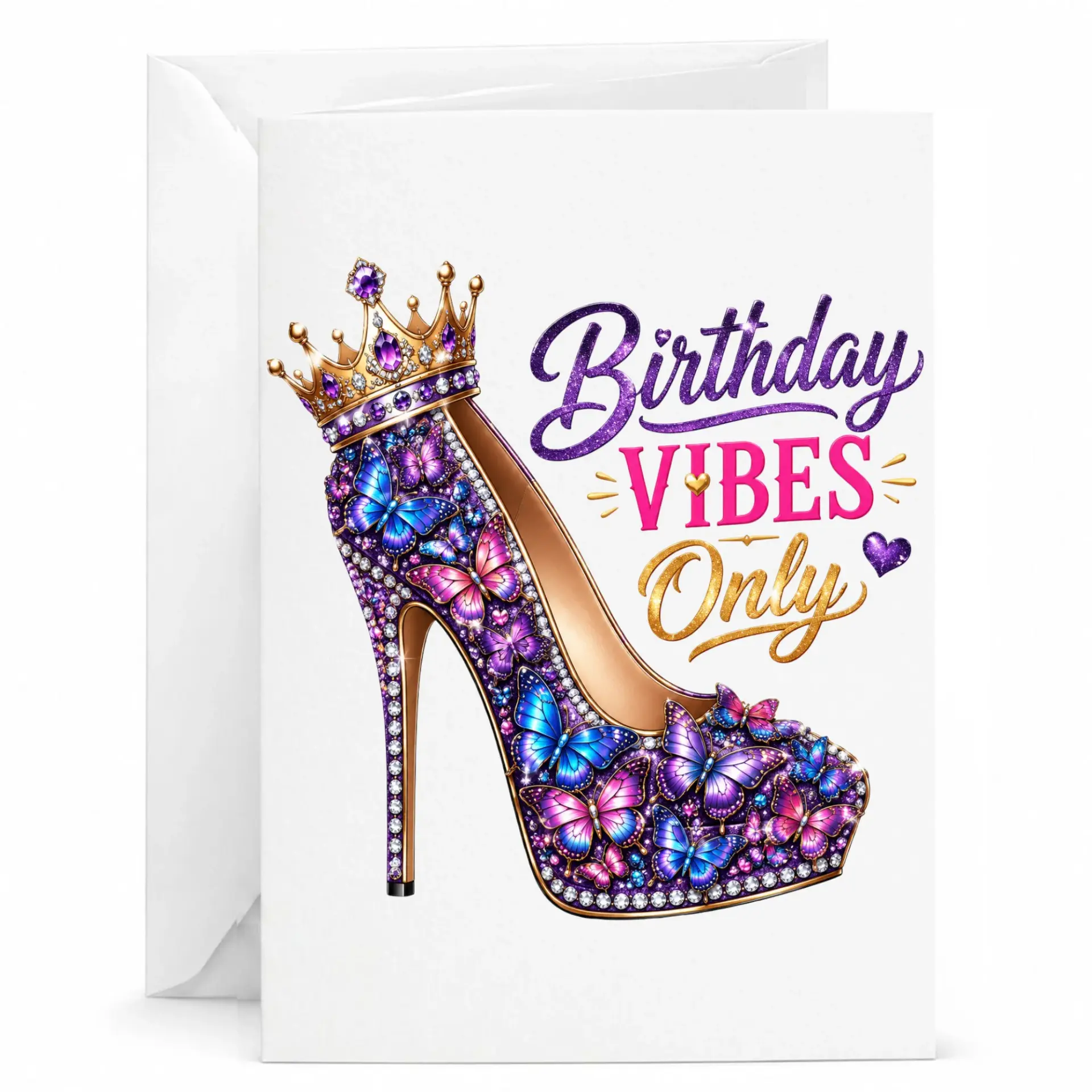 Birthday Card Featuring a Glamorous Butterfly Stiletto Heel Illustration with Crown for Special Celebrations