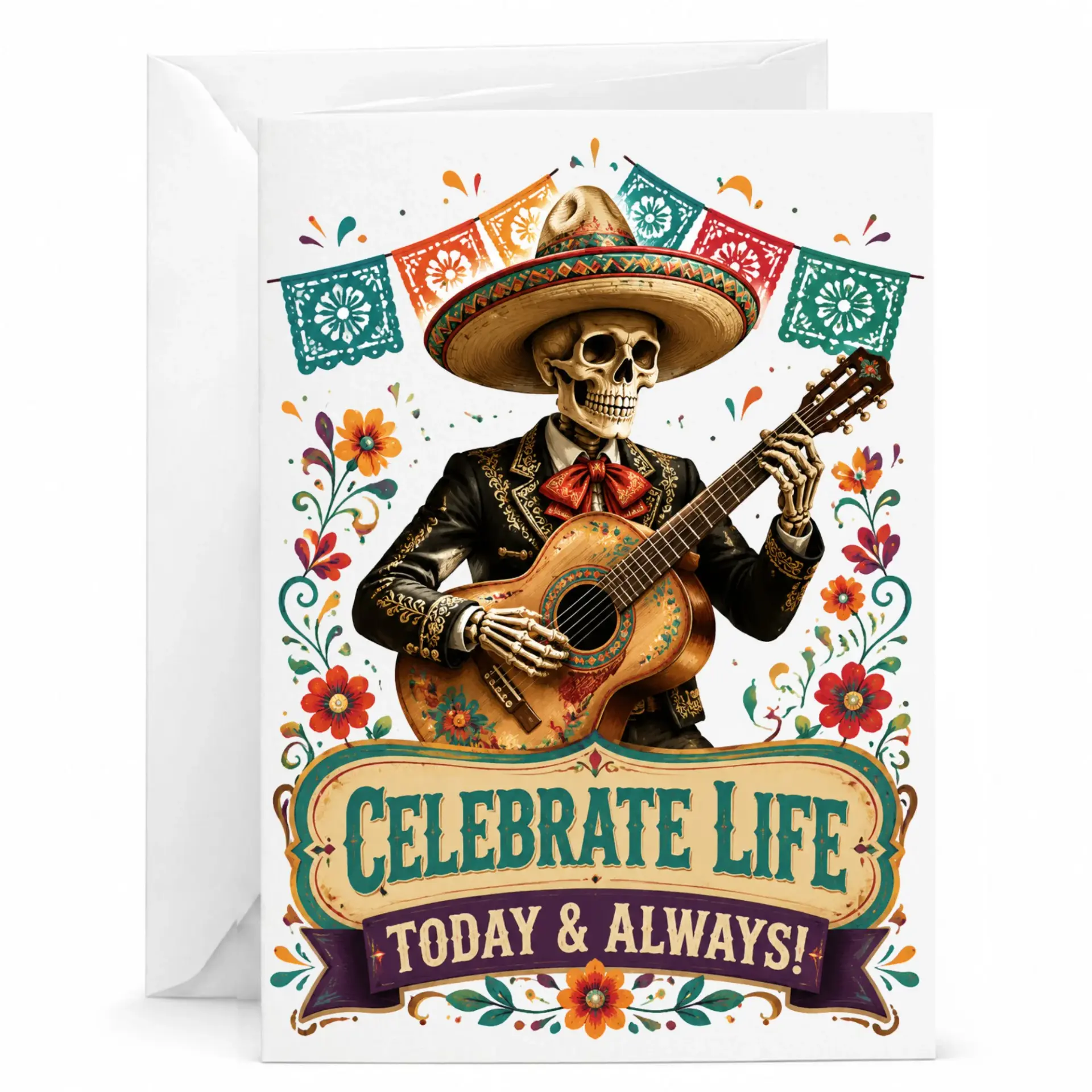 Life Greeting Card with Skeleton Musician Design for Birthday or Anniversary Blank 5x7 Folded Note
