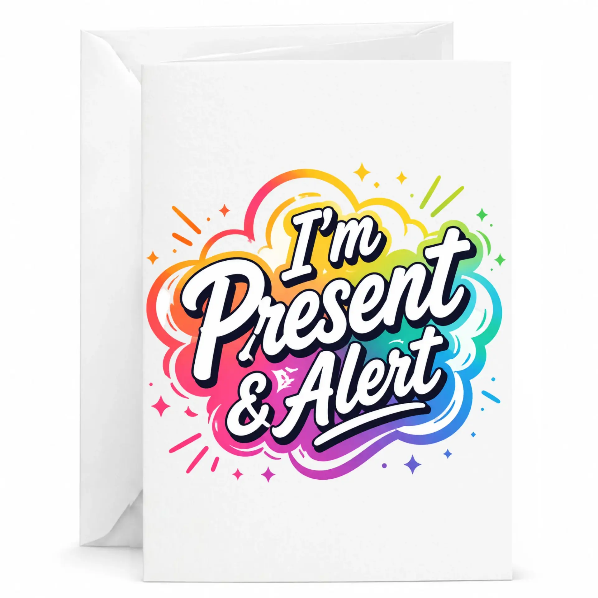 Funny Greeting Card I Am Present and Alert Vibrant Rainbow Colorful Typography Design for Various Occasions