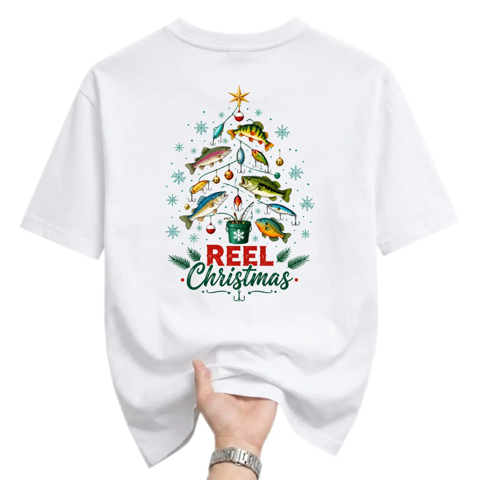 Funny Shirt Reel Christmas Fishing Tree Graphic Tee Unisex Crew Neck Short Sleeve Casual Cotton Blend Apparel