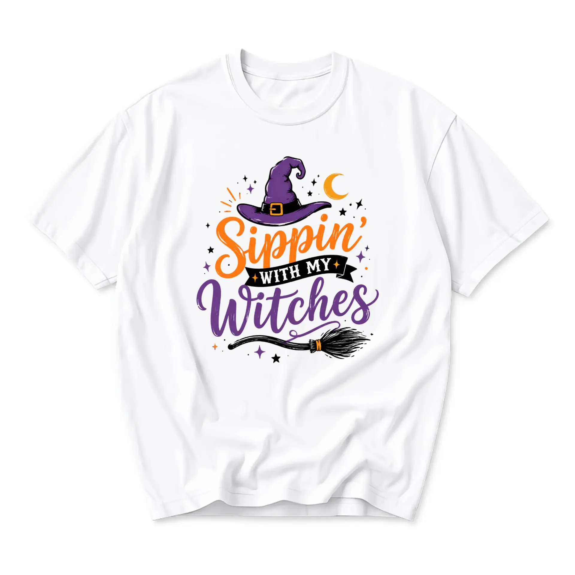 Funny Shirt Sippin with My Witches Graphic Tee Unisex Crew Neck Casual Cotton Blend Seasonal Party Apparel White Top