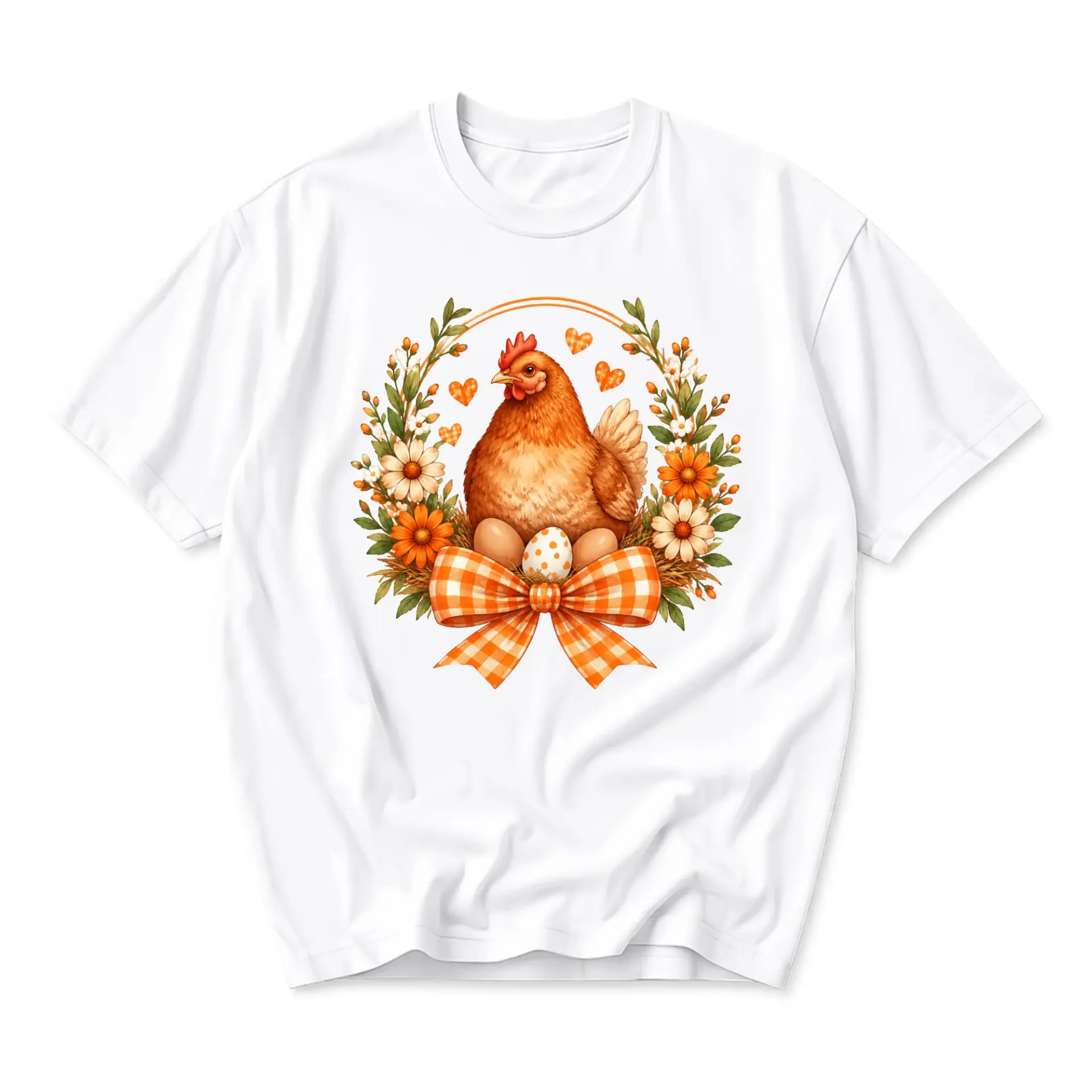 Graphic Tee Unisex Chicken Floral Wreath Spring Print Short Sleeve Casual Crew Neck Soft Cotton Blend Everyday Shirt