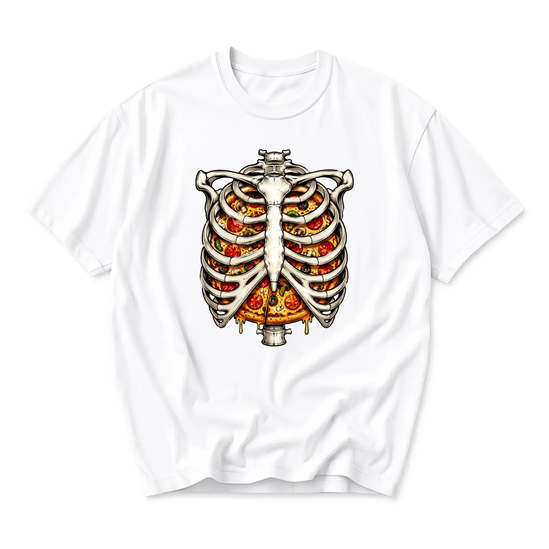Funny Shirt Skeleton Rib Cage with Pizza Graphic Print Unisex Casual Crew Neck Comfortable Short Sleeve Cotton Tee