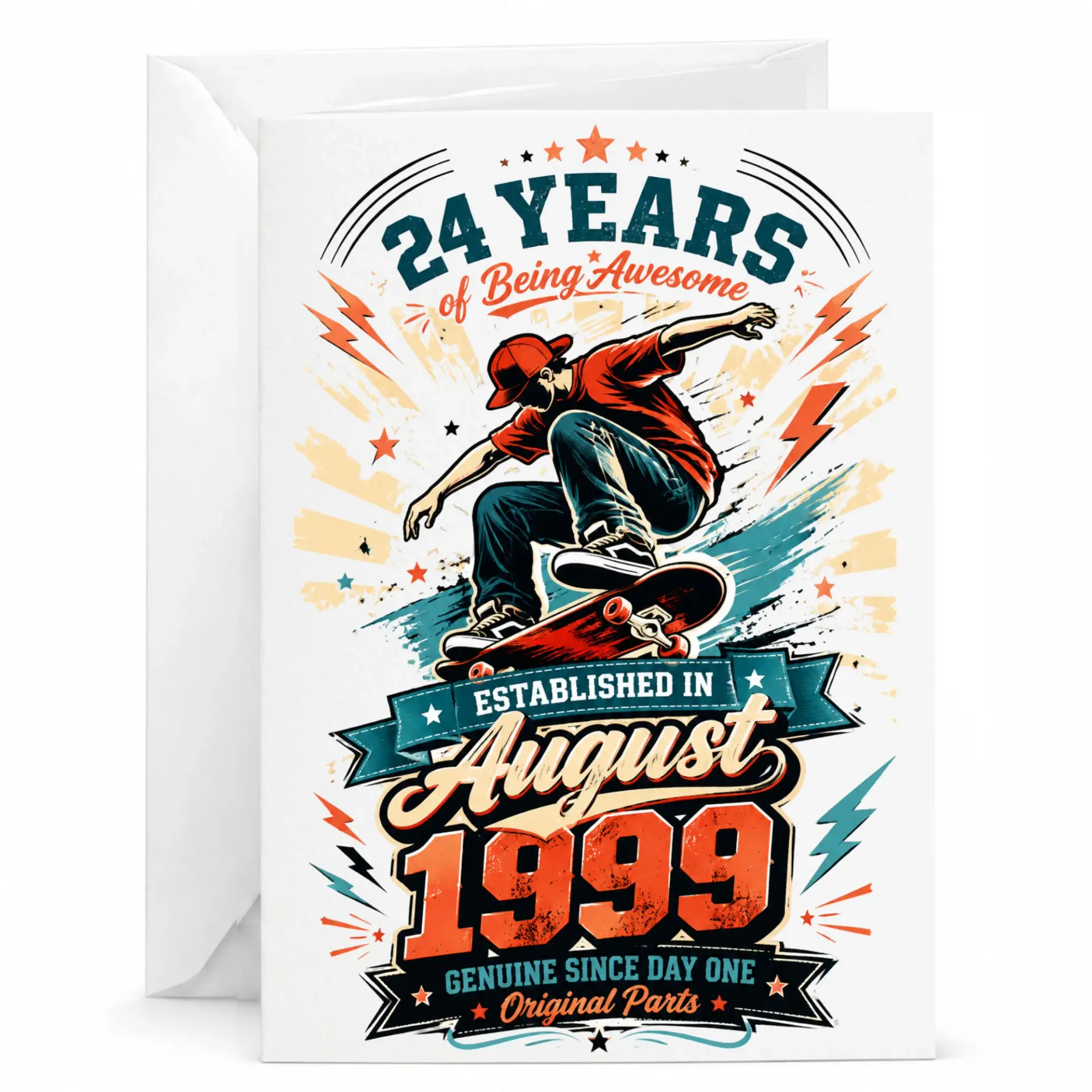 Birthday Card 24th Birthday Gift for Men Skateboarder 24 Years of Being Awesome Established August 1999 Greeting Card