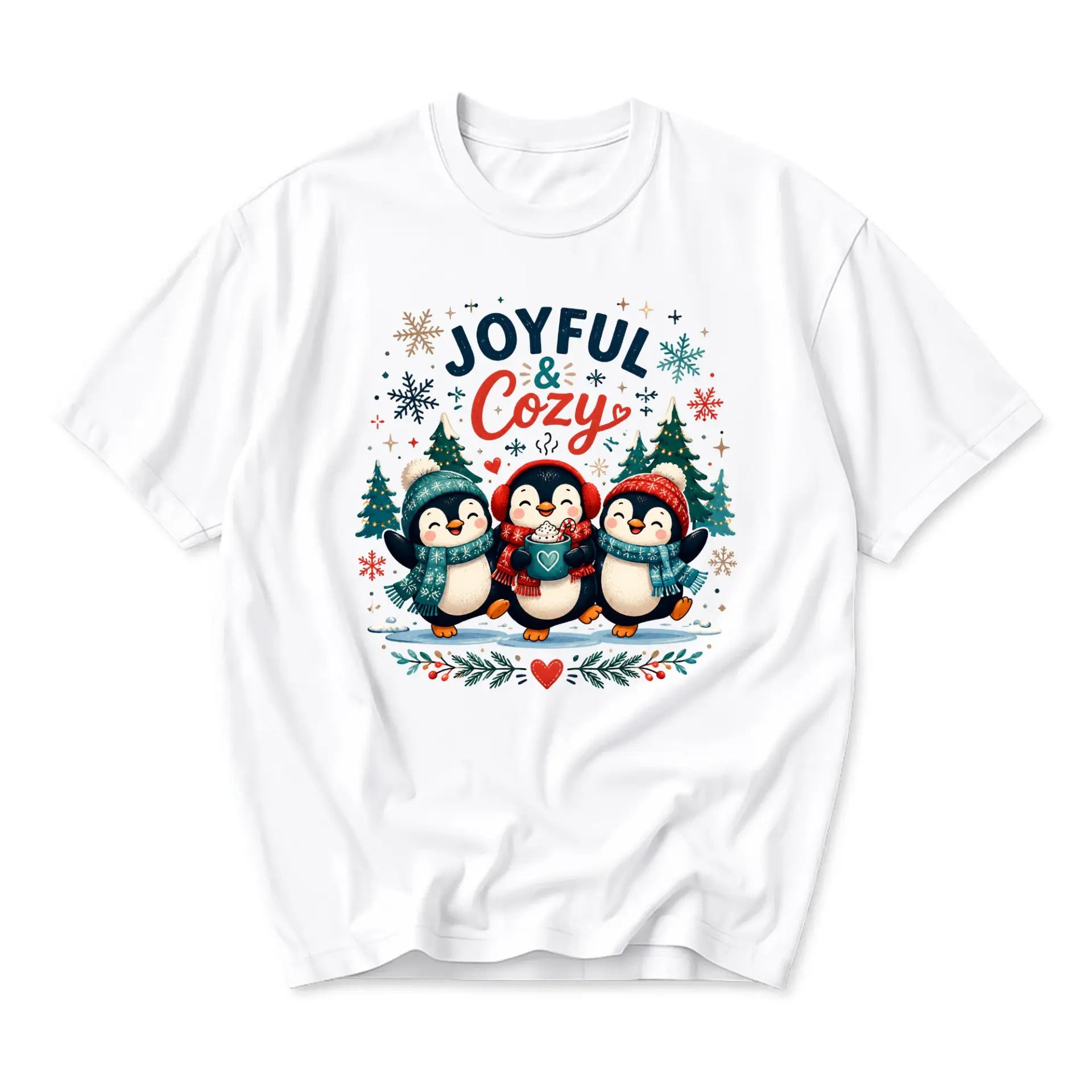 Graphic Tee Joyful and Cozy Winter Penguin Print Unisex Crew Neck Casual Everyday Short Sleeve Cotton Blend T-Shirt