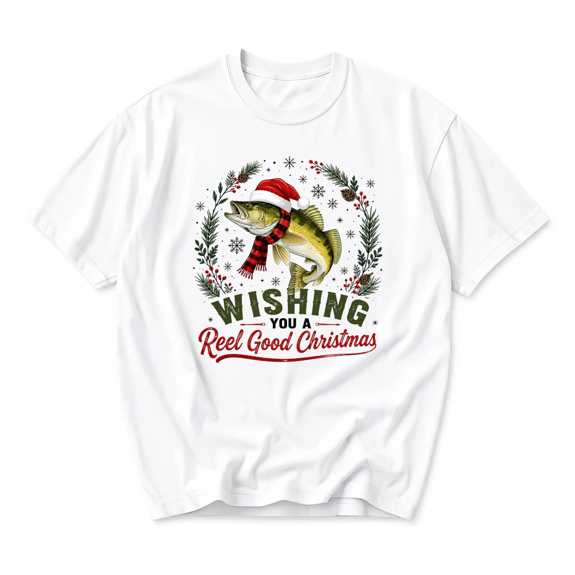 Funny Shirt Wishing You a Reel Good Christmas Graphic Tee Unisex Casual Apparel for Holiday Fishing Enthusiasts White