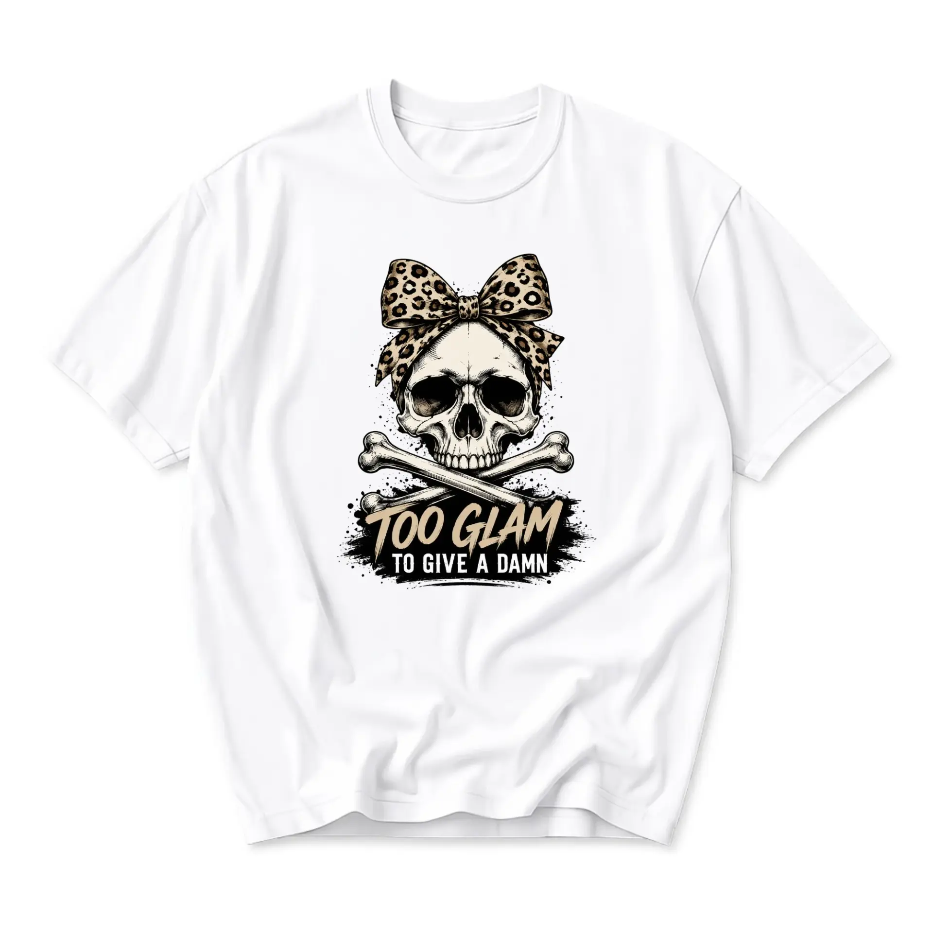Funny Shirt Too Glam to Give a Damn Graphic Tee Skull with Leopard Print Bow Unisex Short Sleeve Casual Apparel