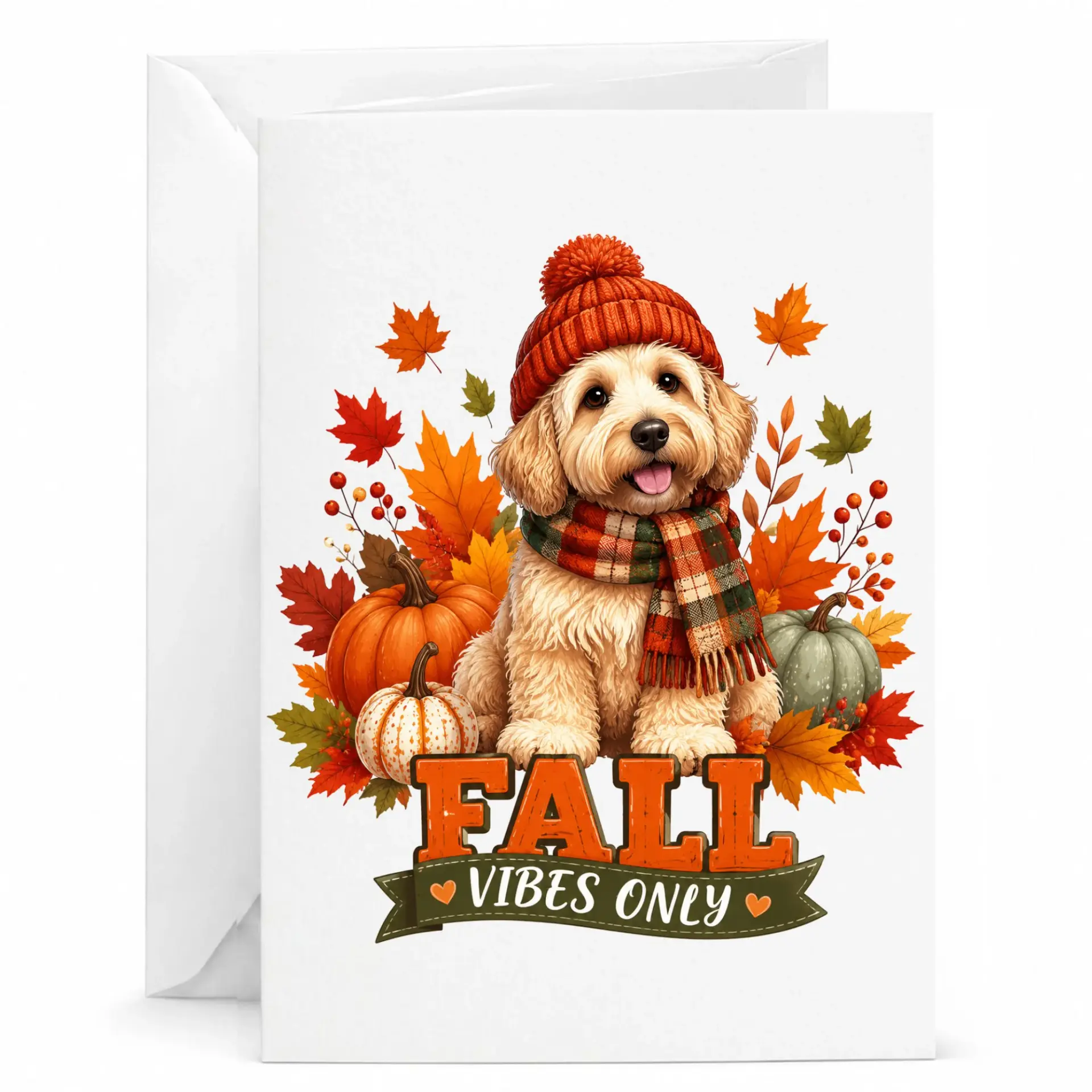 Greeting Card Fall Vibes Only Featuring a Cute Puppy in a Scarf and Knit Hat Surrounded by Autumn Pumpkins and Leaves