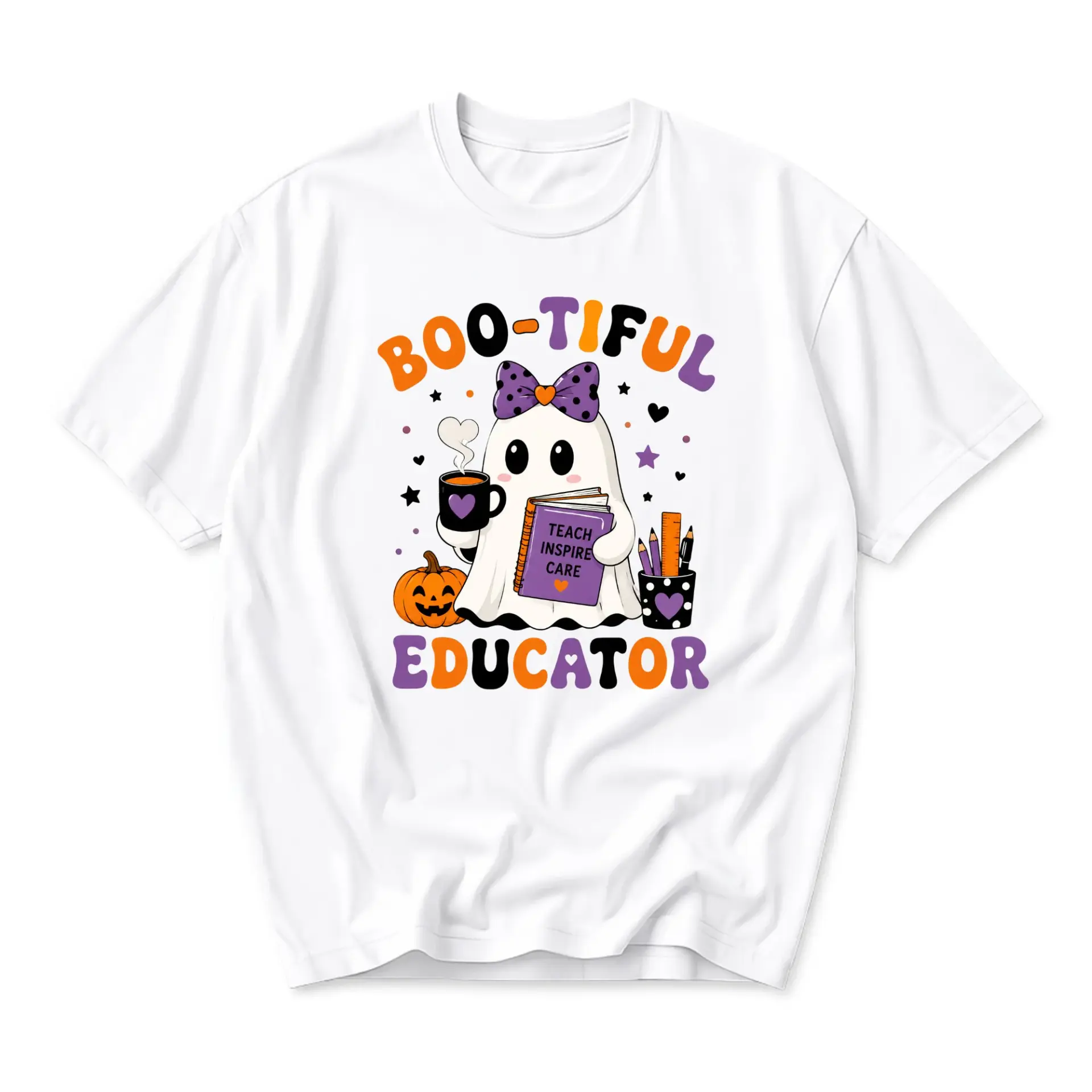 Funny Shirt Boo-Tiful Educator Graphic Tee for Teachers Featuring Cute Ghost Holding Coffee Book and School Supplies