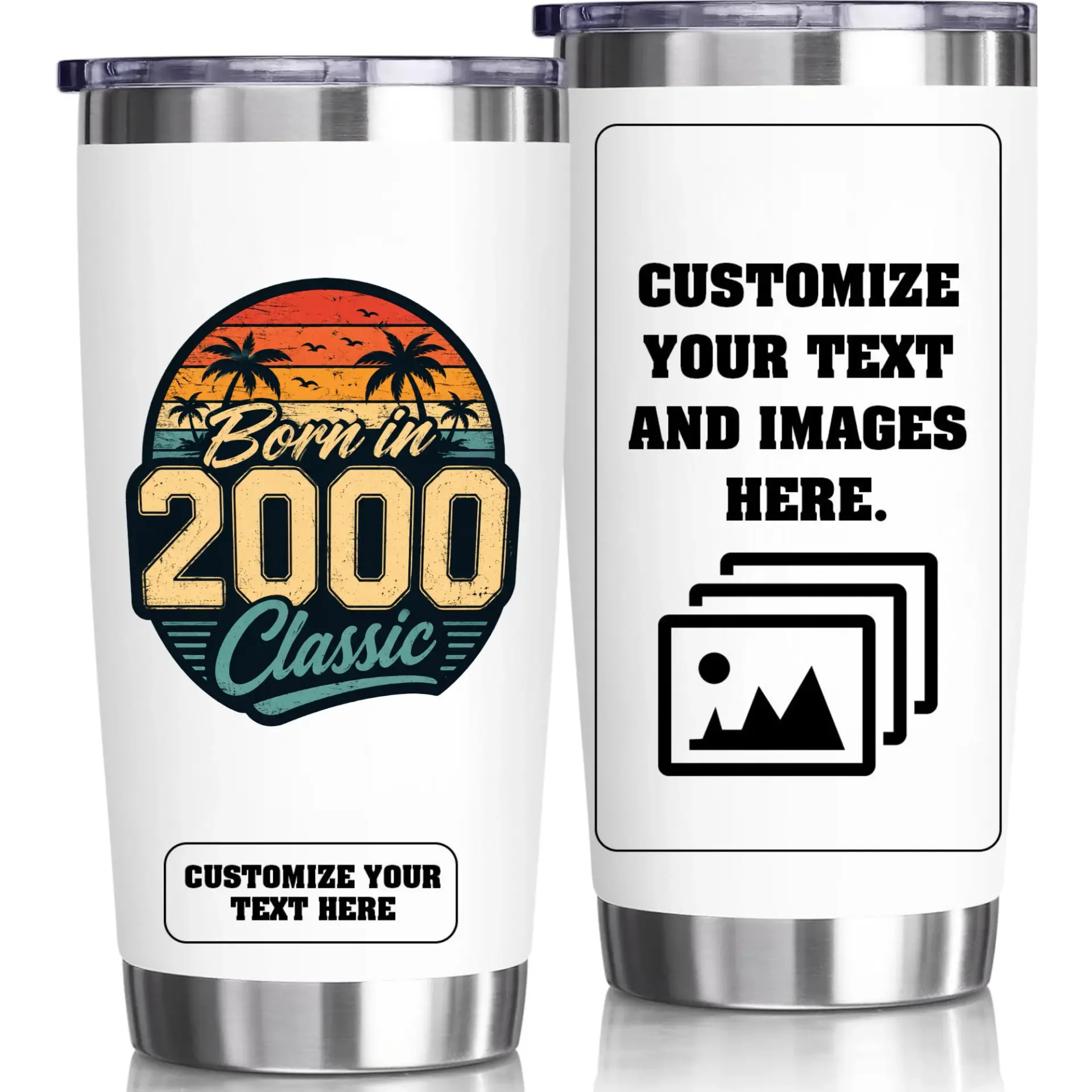 Stainless Steel Tumbler 20oz Vacuum Insulated Travel Mug Retro Born in 2000 Classic Theme Custom Personalized Gift