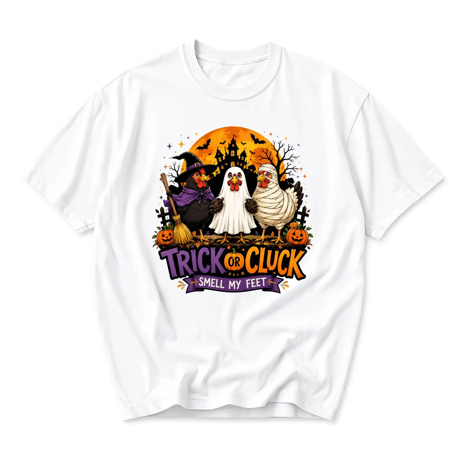 Funny Shirt Trick or Cluck Halloween Graphic Tee Featuring Cute Chicken Costumes Unisex Crew Neck Casual Cotton Top