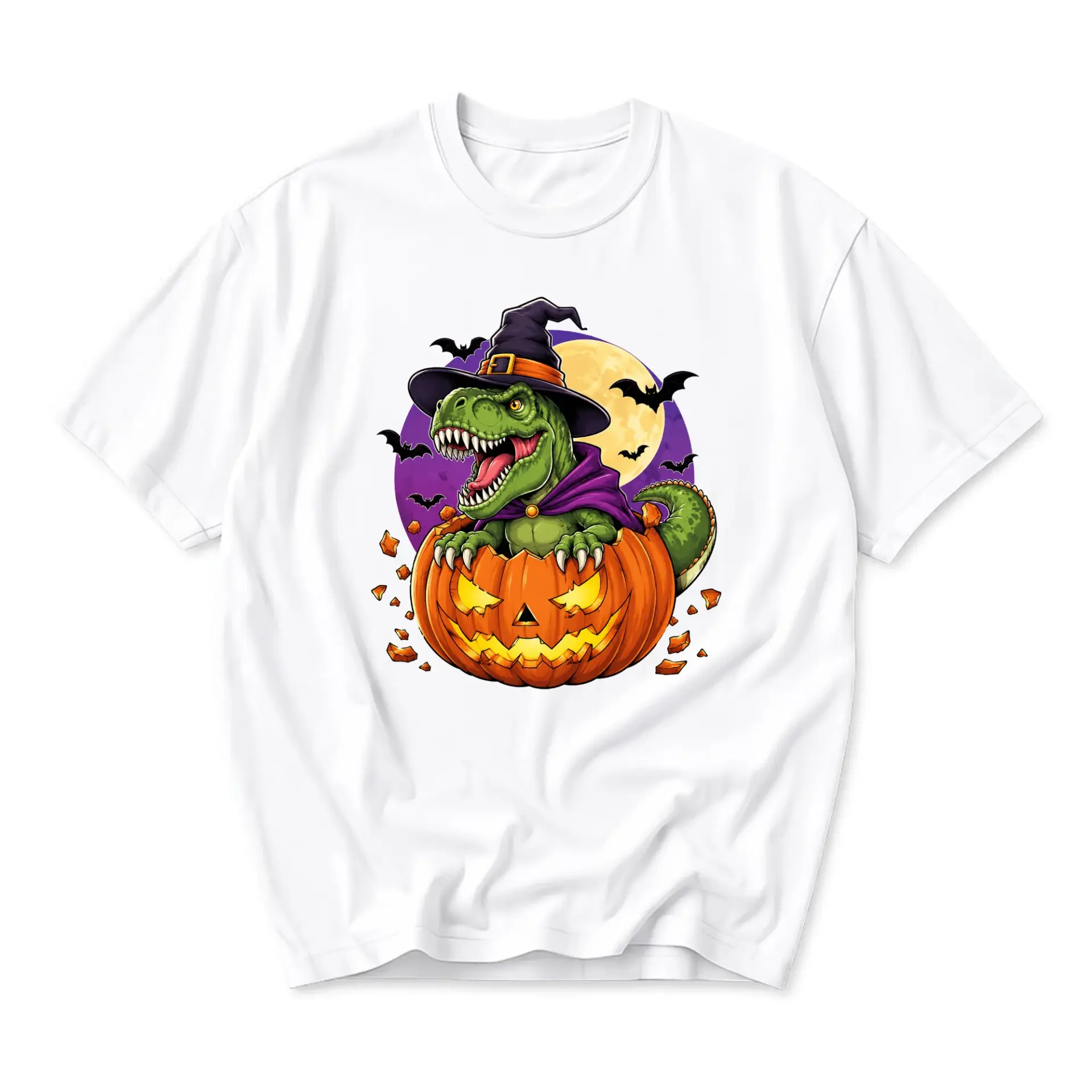 Funny Shirt Halloween T-Rex Graphic Tee Cute Dinosaur Wearing Witch Hat Inside Jack O Lantern Pumpkin Spooky Fall Top