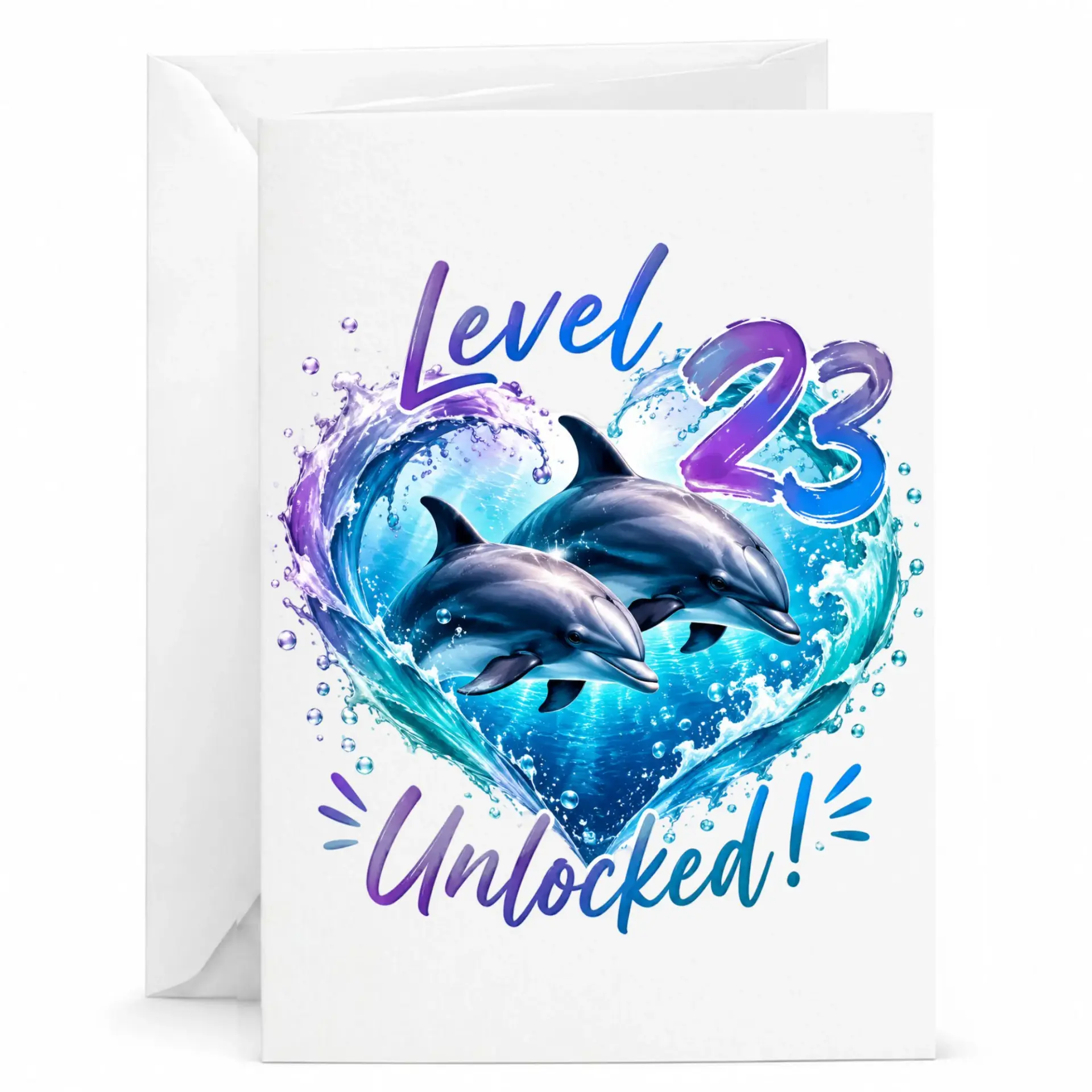 Birthday Card Level 23 Unlocked Greeting Card Featuring Beautiful Dolphins in Heart Shaped Ocean Splash Illustration