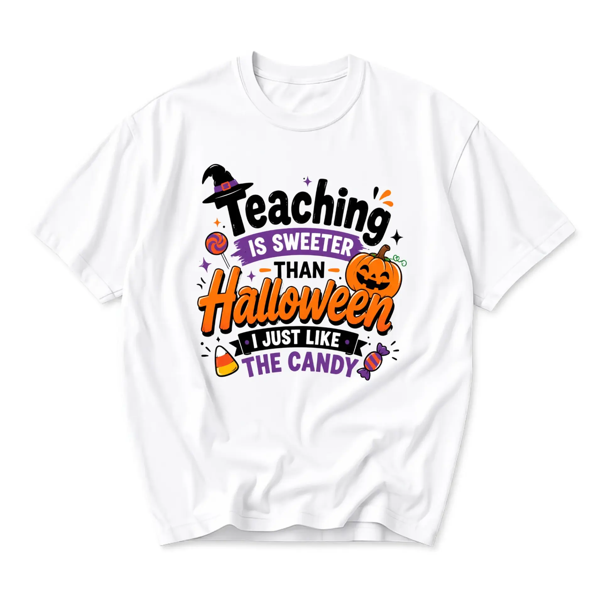 Funny Shirt Teaching Is Sweeter Than Halloween Candy Graphic Tee Unisex Crew Neck Apparel for Educators and Professionals