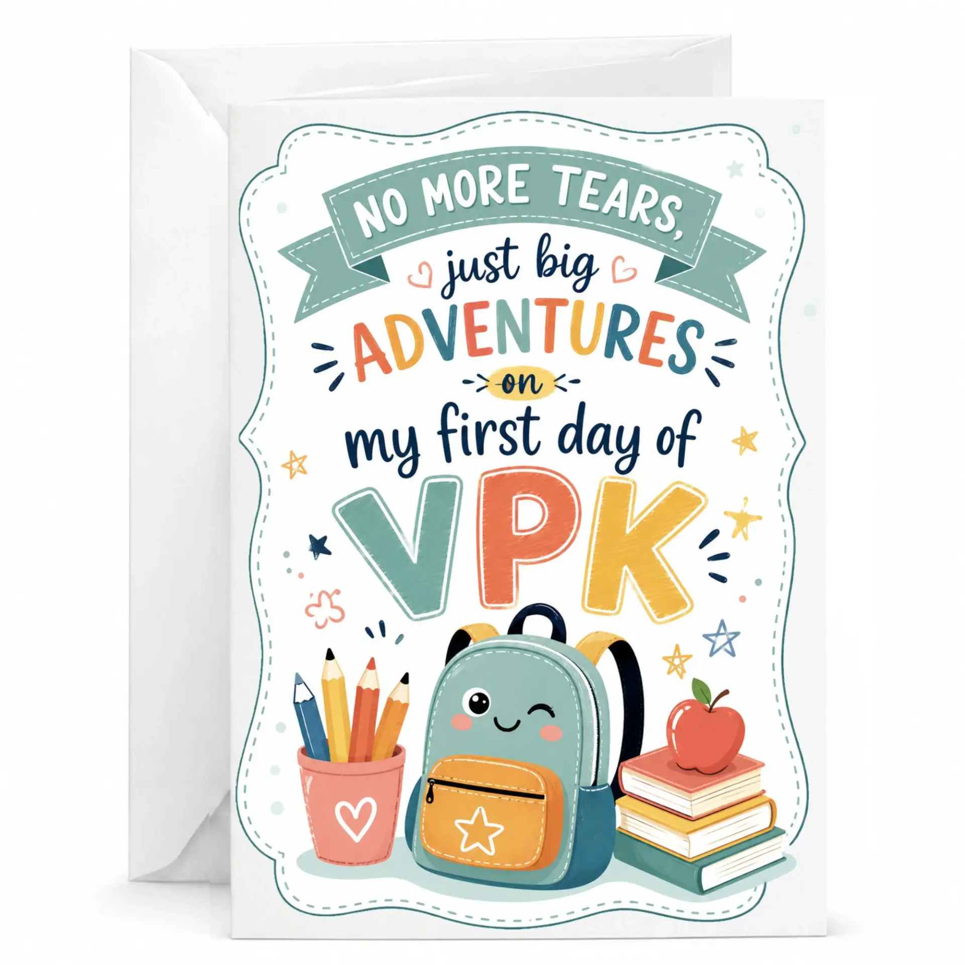 Funny Greeting Card for First Day of Vpk Milestone with Cute School Supplies Illustration and White Envelope