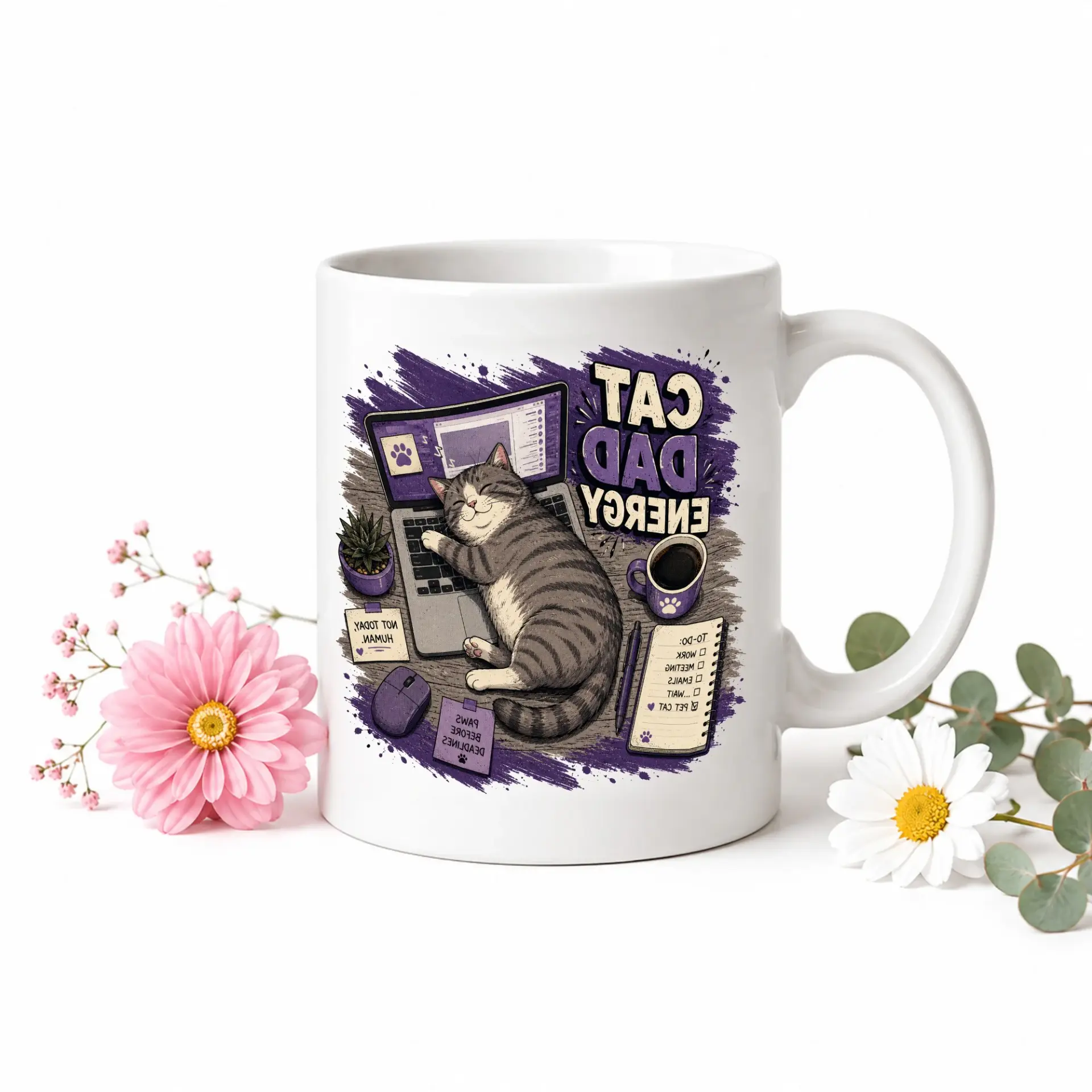 Cat Dad Energy Coffee Mug Funny Office Desk Ceramic Cup Featuring Sleeping Tabby and Work to Do List Design