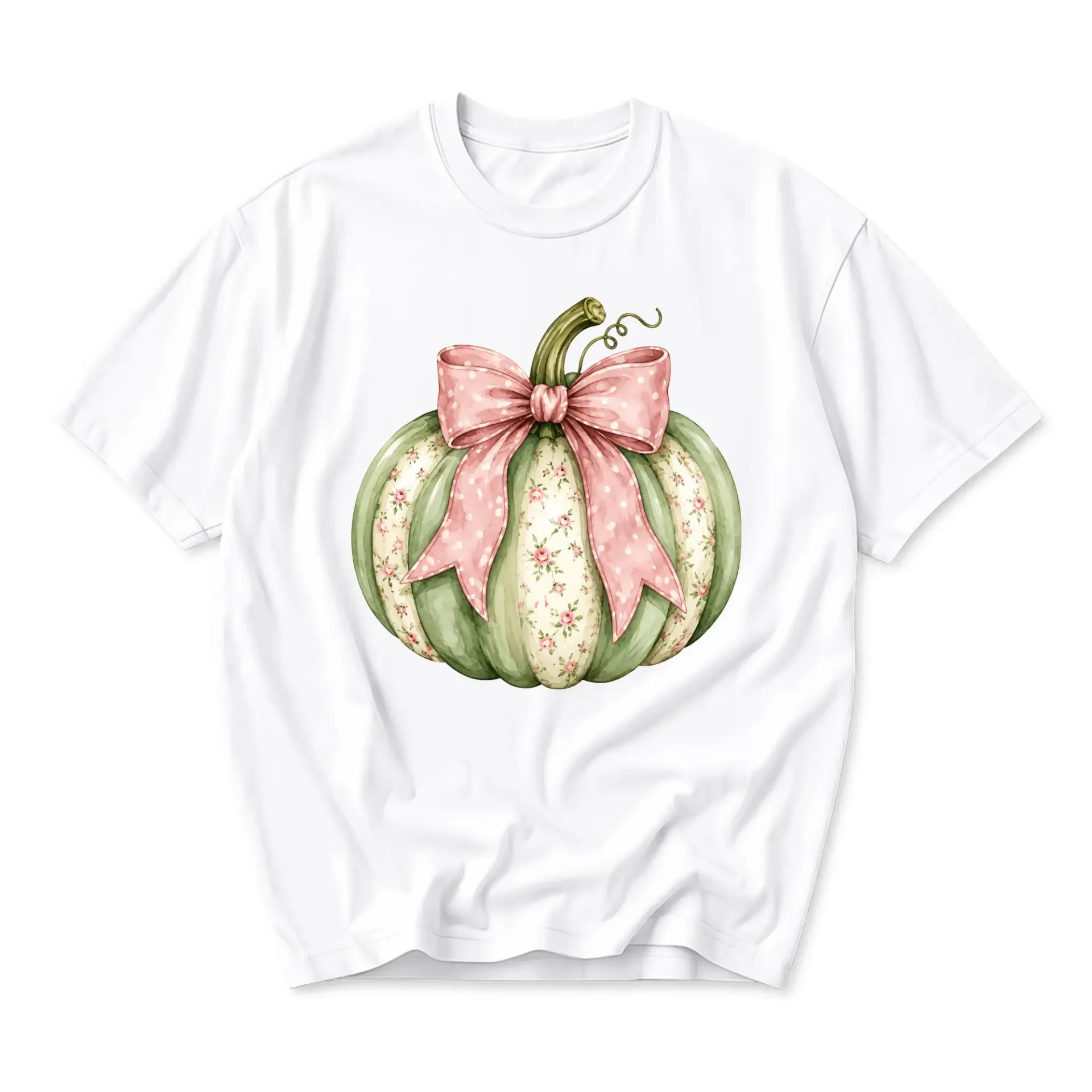 Graphic Tee Pumpkin Floral Bow Print Unisex Crew Neck Casual Cotton Blend Short Sleeve Shirt for Everyday Seasonal Wear