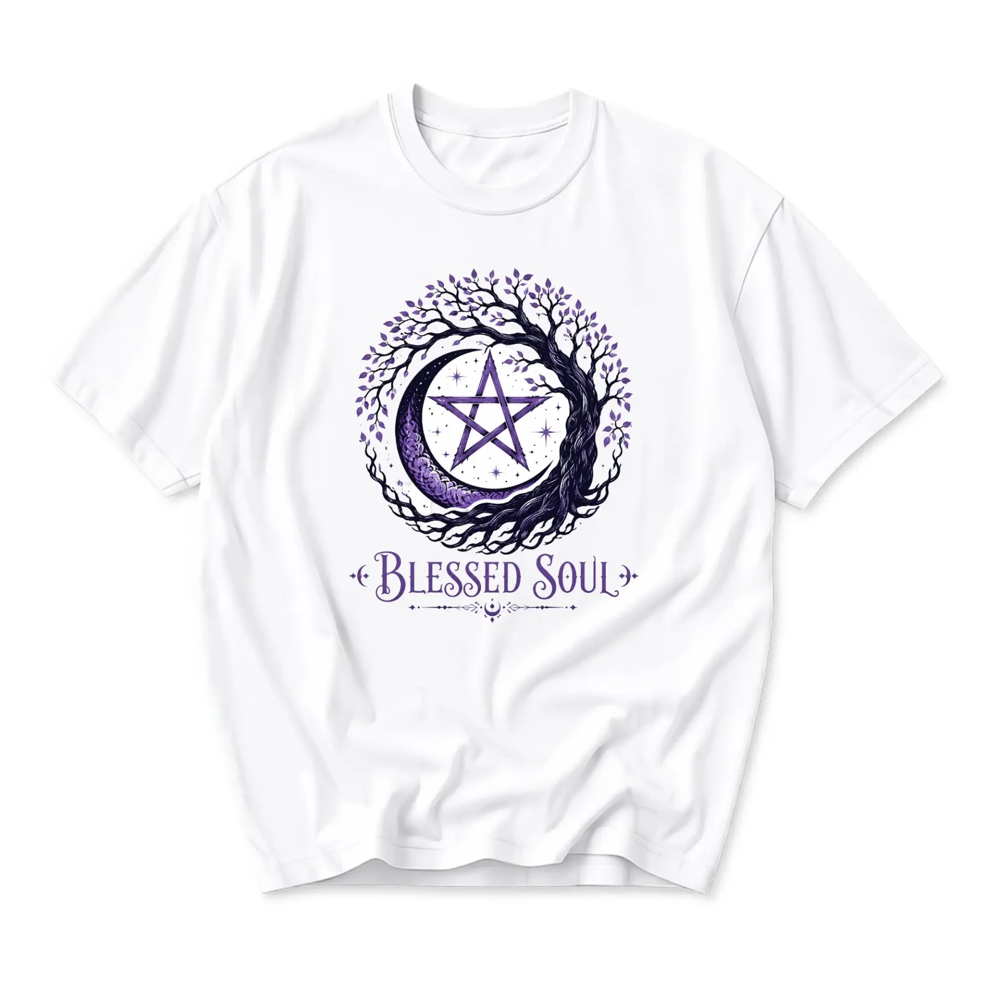 Graphic Tee Blessed Soul Celestial Tree Pentagram Moon Shirt Unisex Crew Neck Casual Cotton Blend Apparel