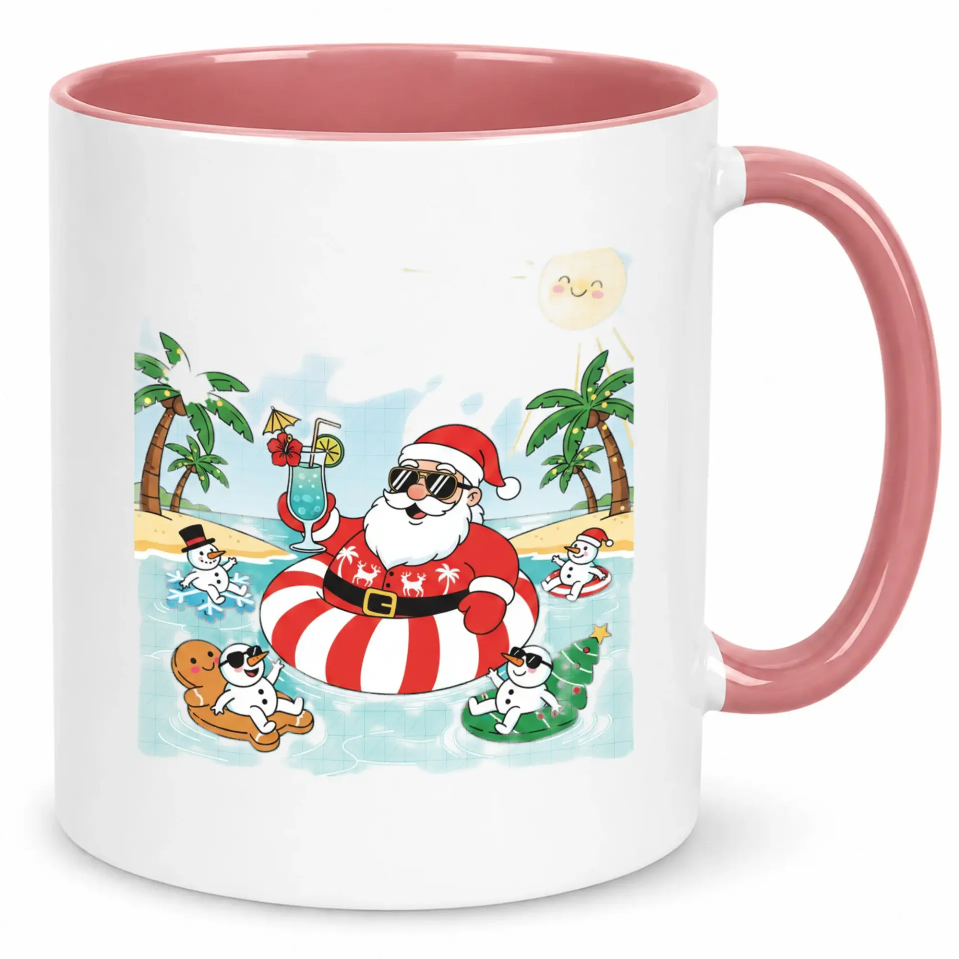 Funny Christmas Holiday Coffee Mug, Ceramic 11oz or 15oz Mug with Santa Claus and Snowmen on a Tropical Beach Scene, Dishwasher Safe