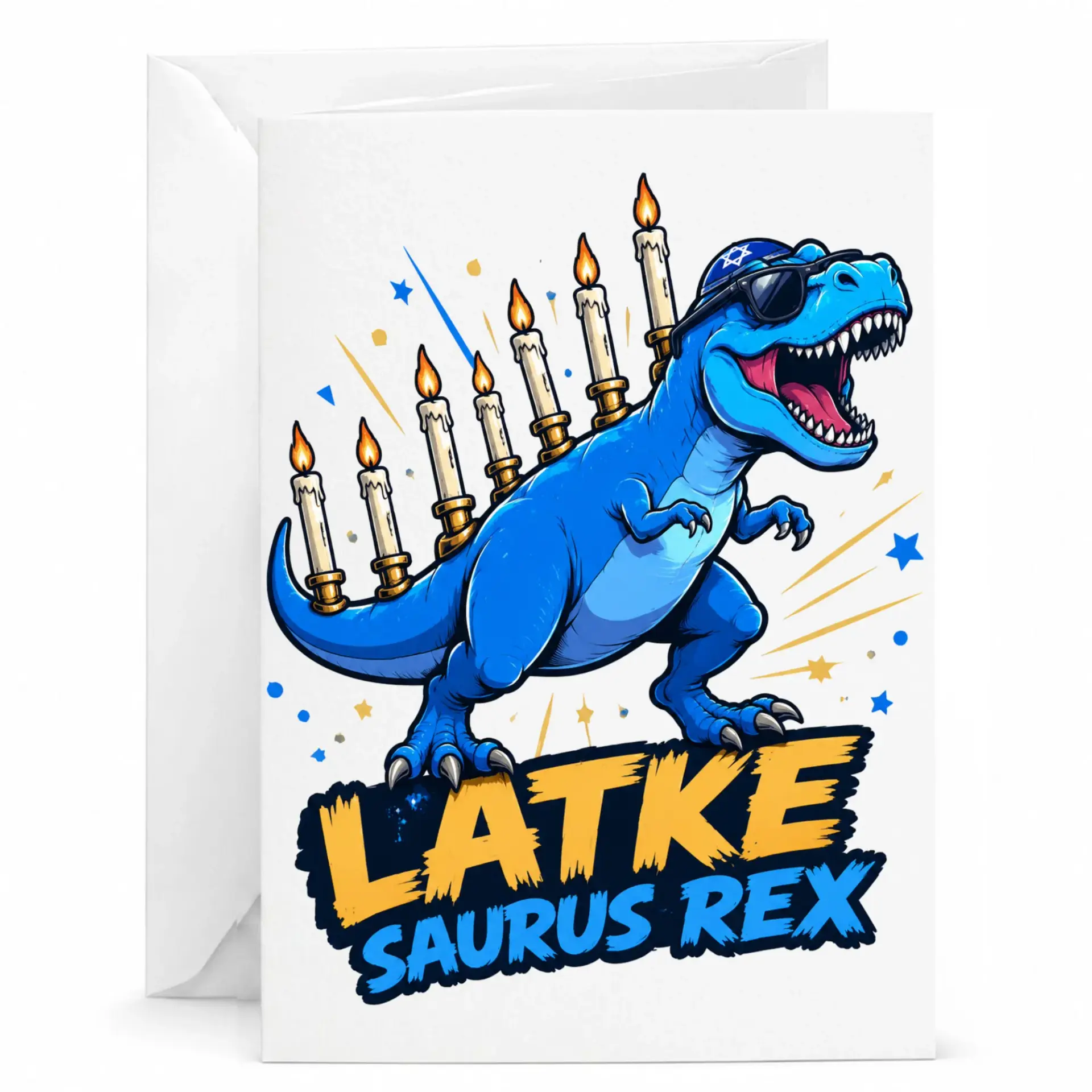 Funny Greeting Card Latkesaurus Rex Holiday Dinosaur Pun Illustration Premium Stationary for Season Celebrations
