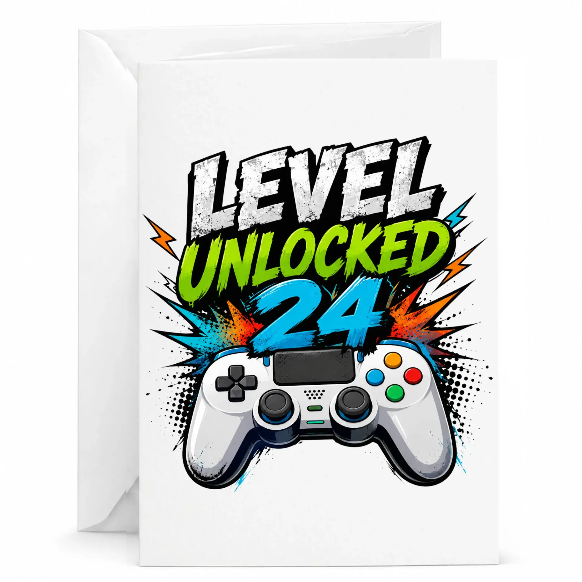 Birthday Card Level Unlocked 24 Video Game Theme Greeting Card for 24th Birthday Celebration with Matching Envelope