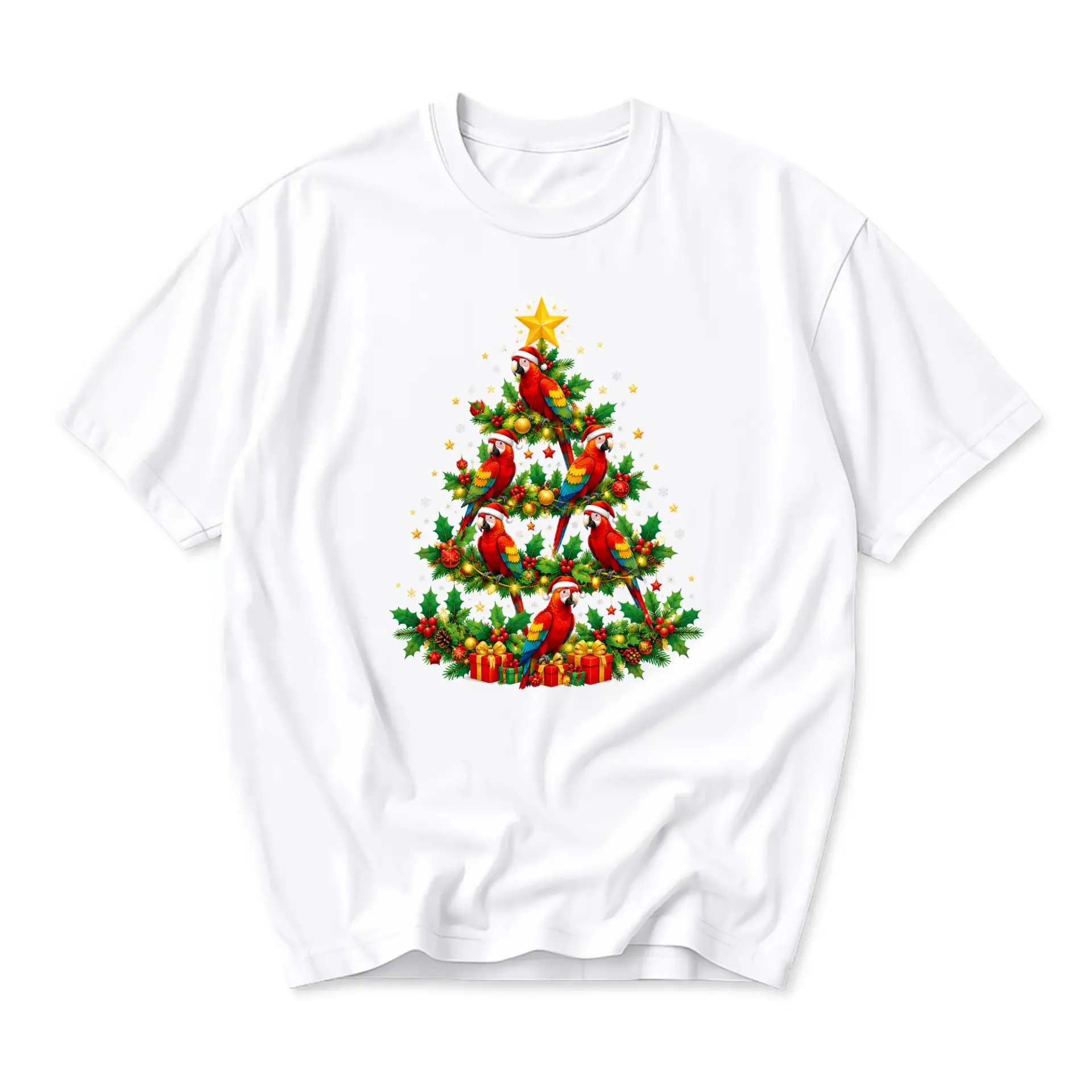 Graphic Tee Unisex Christmas Tree Parrot Shirt Holiday Tropical Bird Crew Neck Casual Cotton Blend Apparel