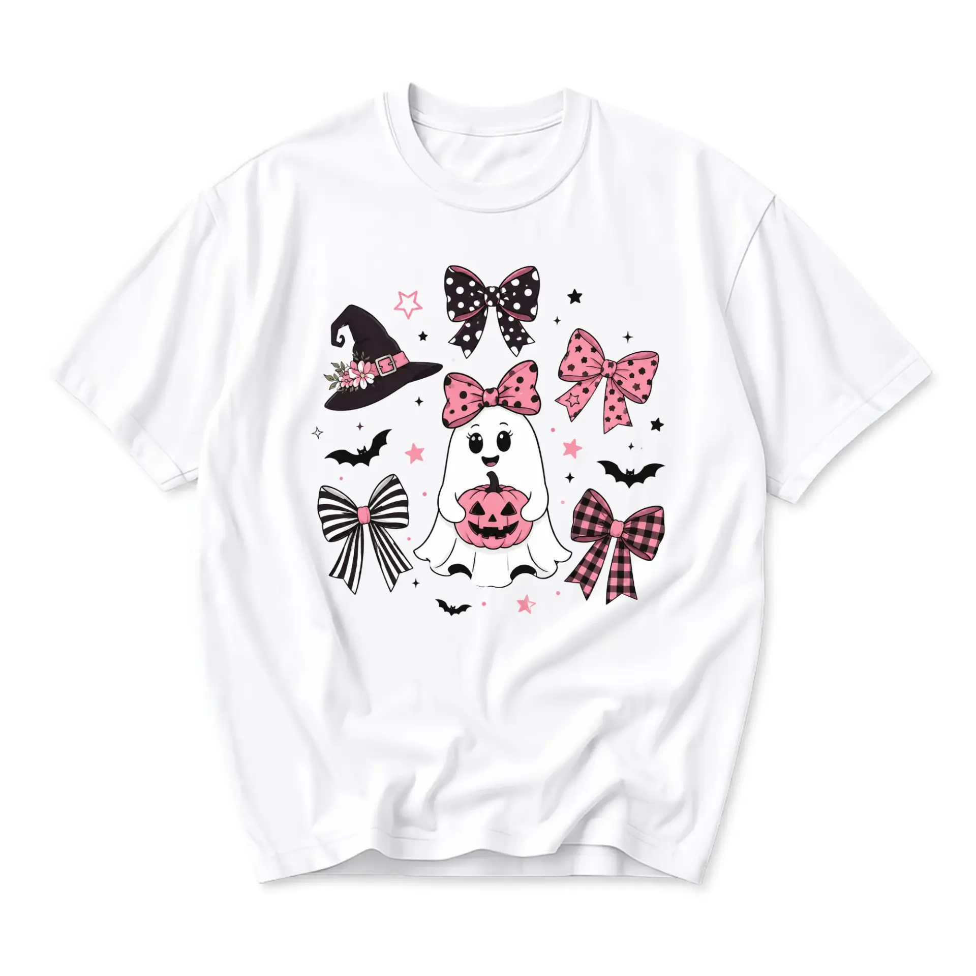 Graphic Tee Cute Ghost Holding Pumpkin with Bows Halloween Apparel Unisex Short Sleeve Casual Holiday Crew Neck Shirt