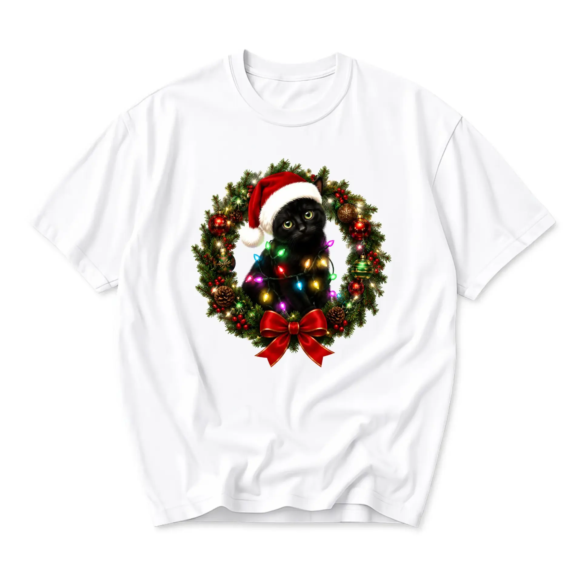 Graphic Tee Black Cat Wearing Santa Hat Christmas Wreath Print Unisex