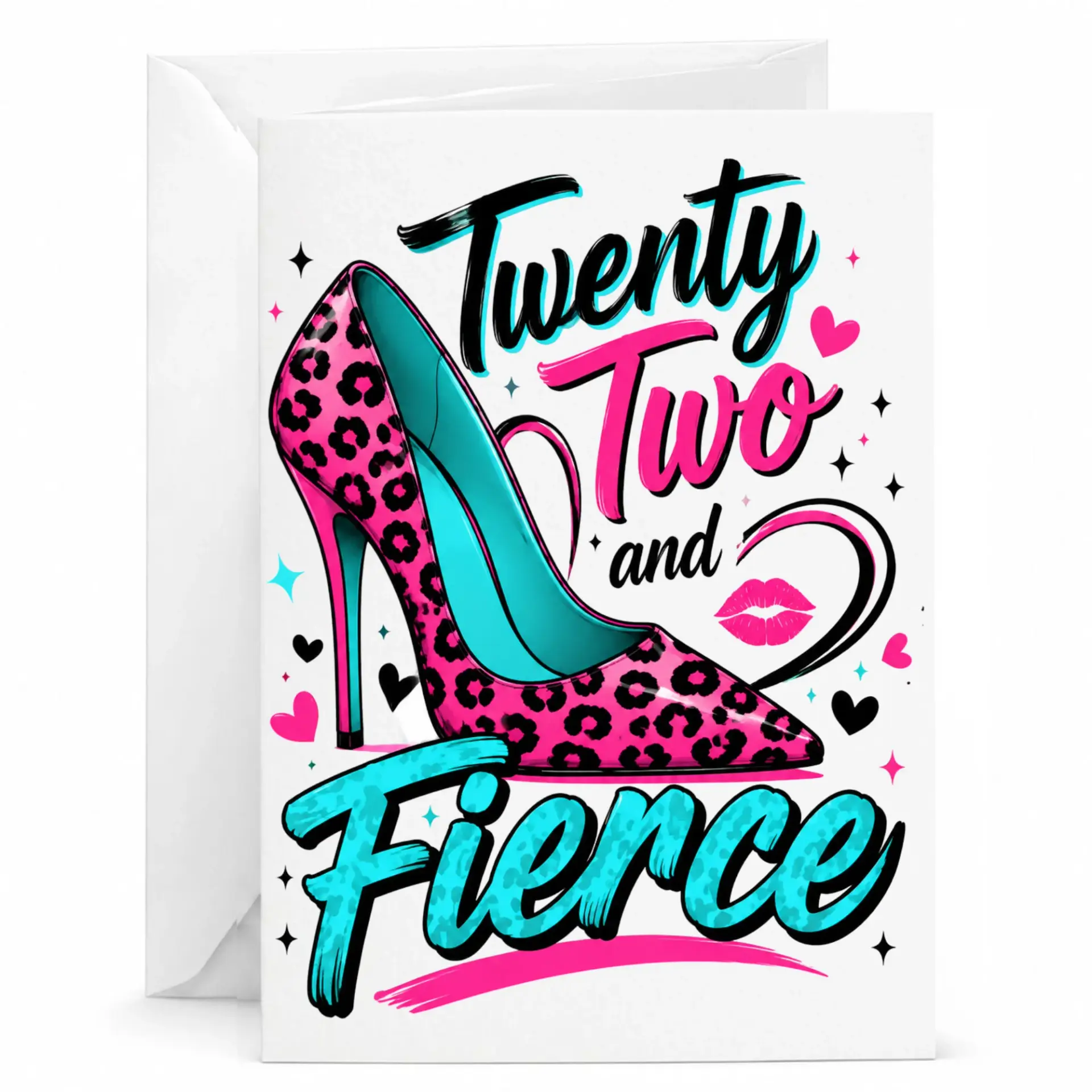 Birthday Card Twenty Two and Fierce Stylish Pink Leopard Print Stiletto High Heel Fashion Design Greeting Card