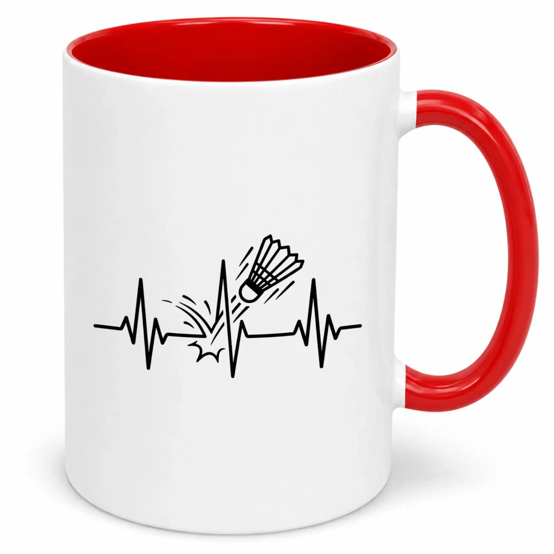 Badminton Heartbeat Graphic Ceramic Coffee Mug, 11oz or 15oz White Glossy Tea Cup with Red Handle for Sports Fans