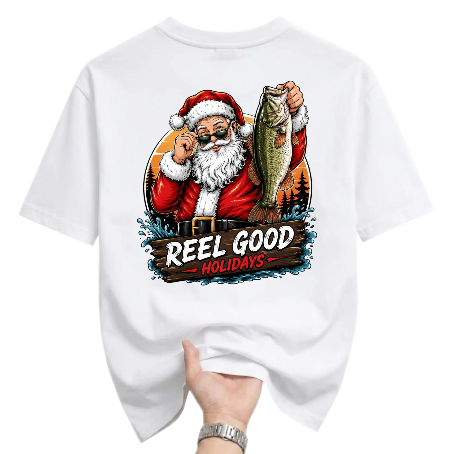 Funny Shirt Reel Good Holidays Santa Claus Fishing Graphic Tee Unisex Short