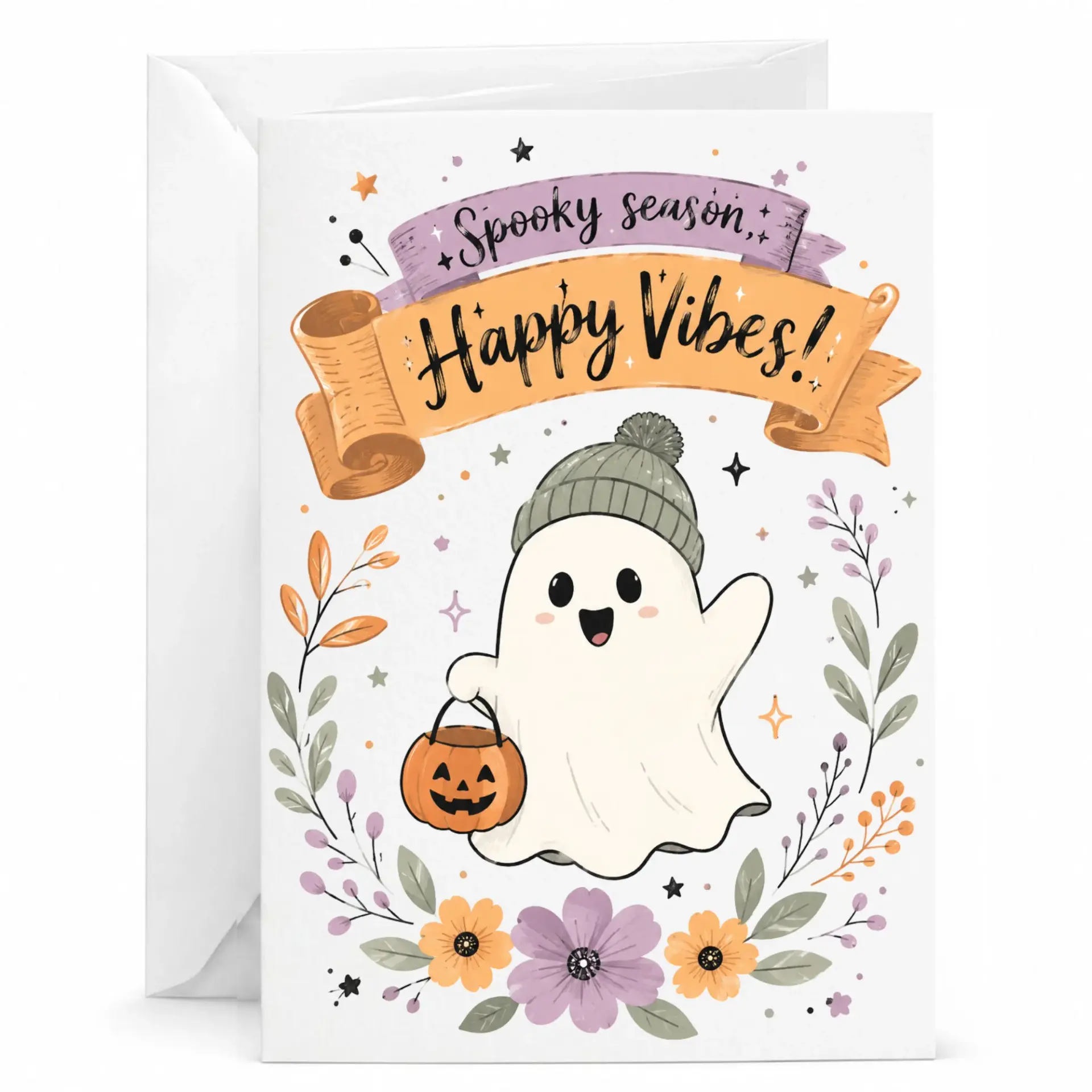 Funny Spooky Season Happy Vibes Greeting Card with Design Whimsical Autumn Fall Seasonal Note for Halloween