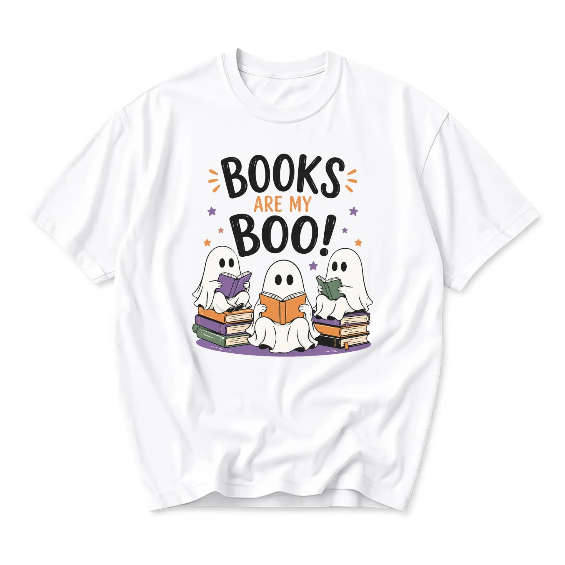 Graphic Tee Books Are My Boo Shirt Funny Ghost Reading Novel Lovers Unisex Casual Crew Neck Soft Cotton Apparel