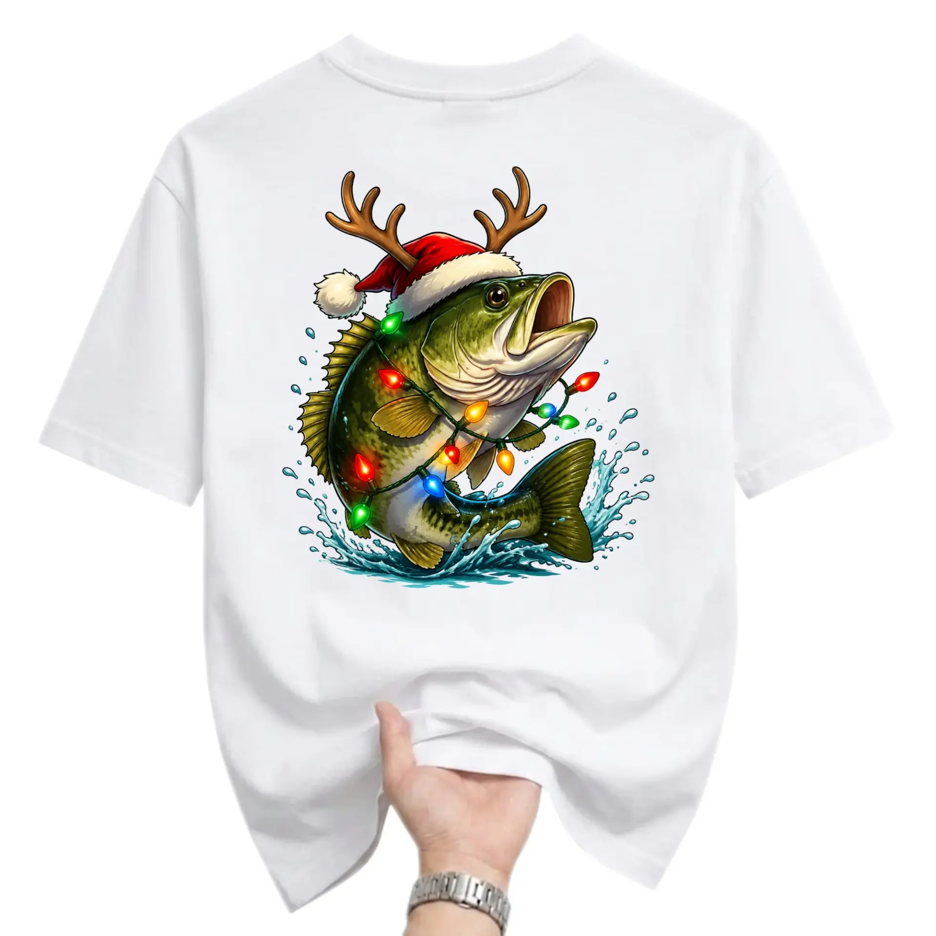 Funny Shirt Holiday Fishing Graphic Tee Seasonal with Reindeer Antlers and Colorful Christmas Lights Print