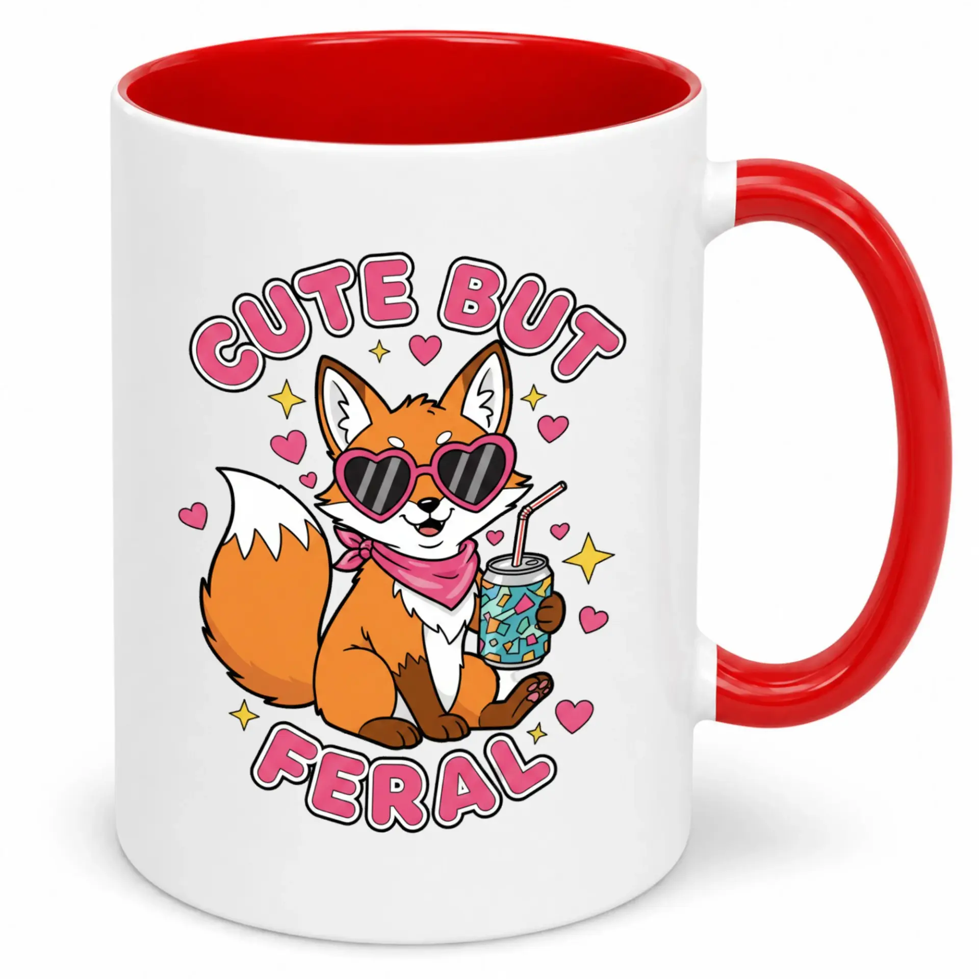 Funny Fox Coffee Mug with Heart Sunglasses - Cute but Feral Animal Themed Ceramic Cup for Hot and Cold Beverages