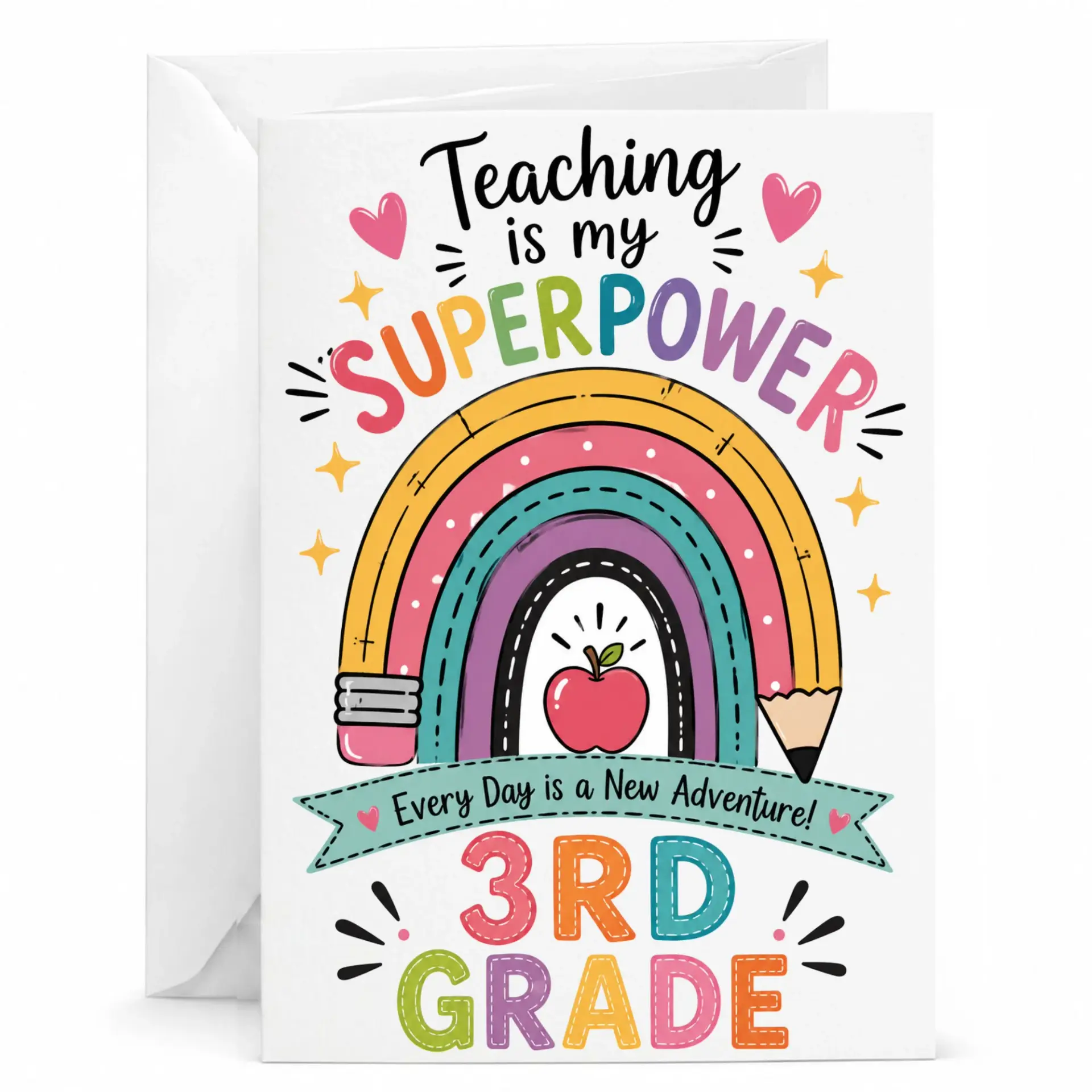 Greeting Card for Third Teacher Featuring Colorful Rainbow Pencil Design and Inspirational Quote Text