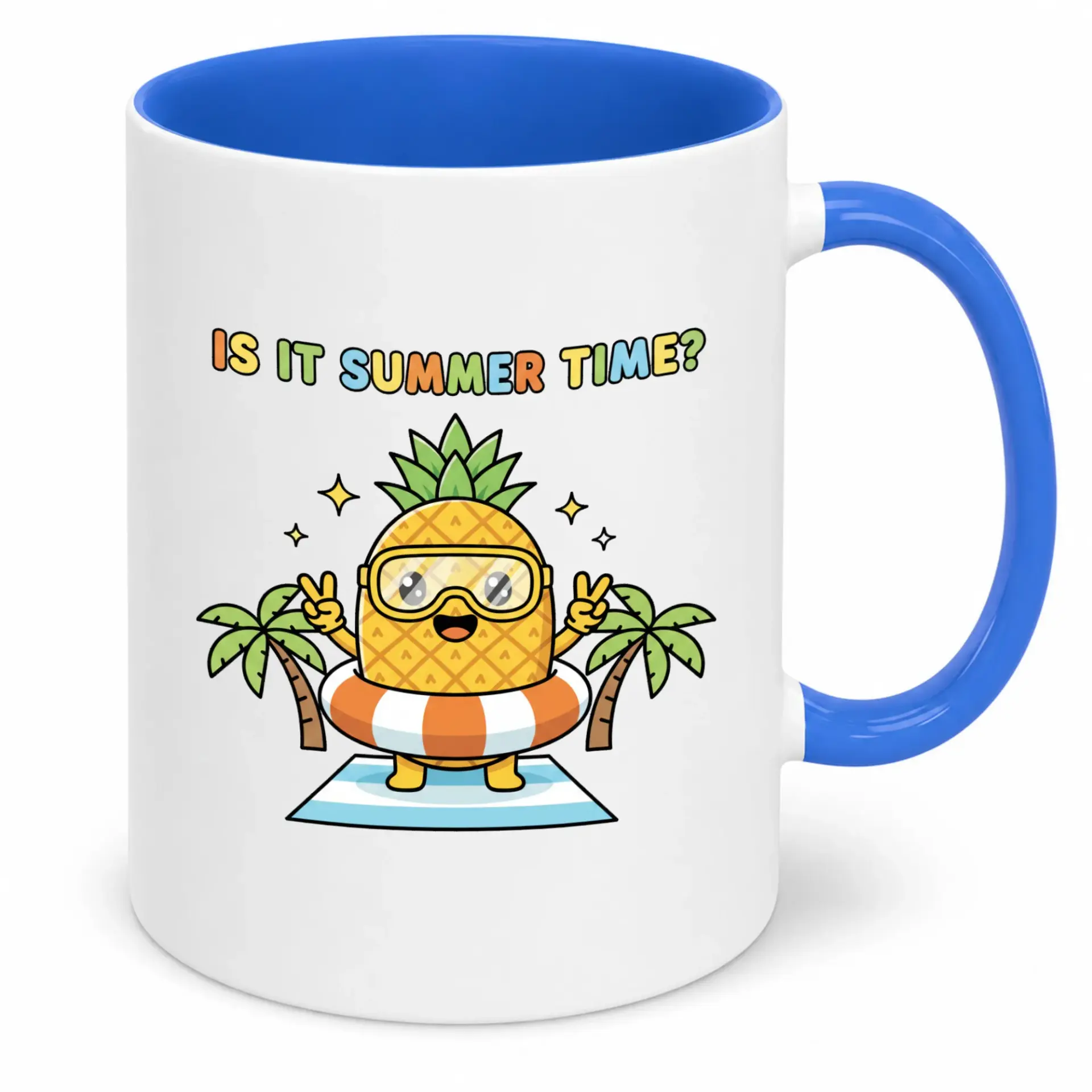 Funny Summer Time Ceramic Coffee Mug with Cute Pineapple Design, 11 Oz or 15 Oz White Mug with Blue Handle for Hot Beverages, Office & Home Kitchen Gift Idea