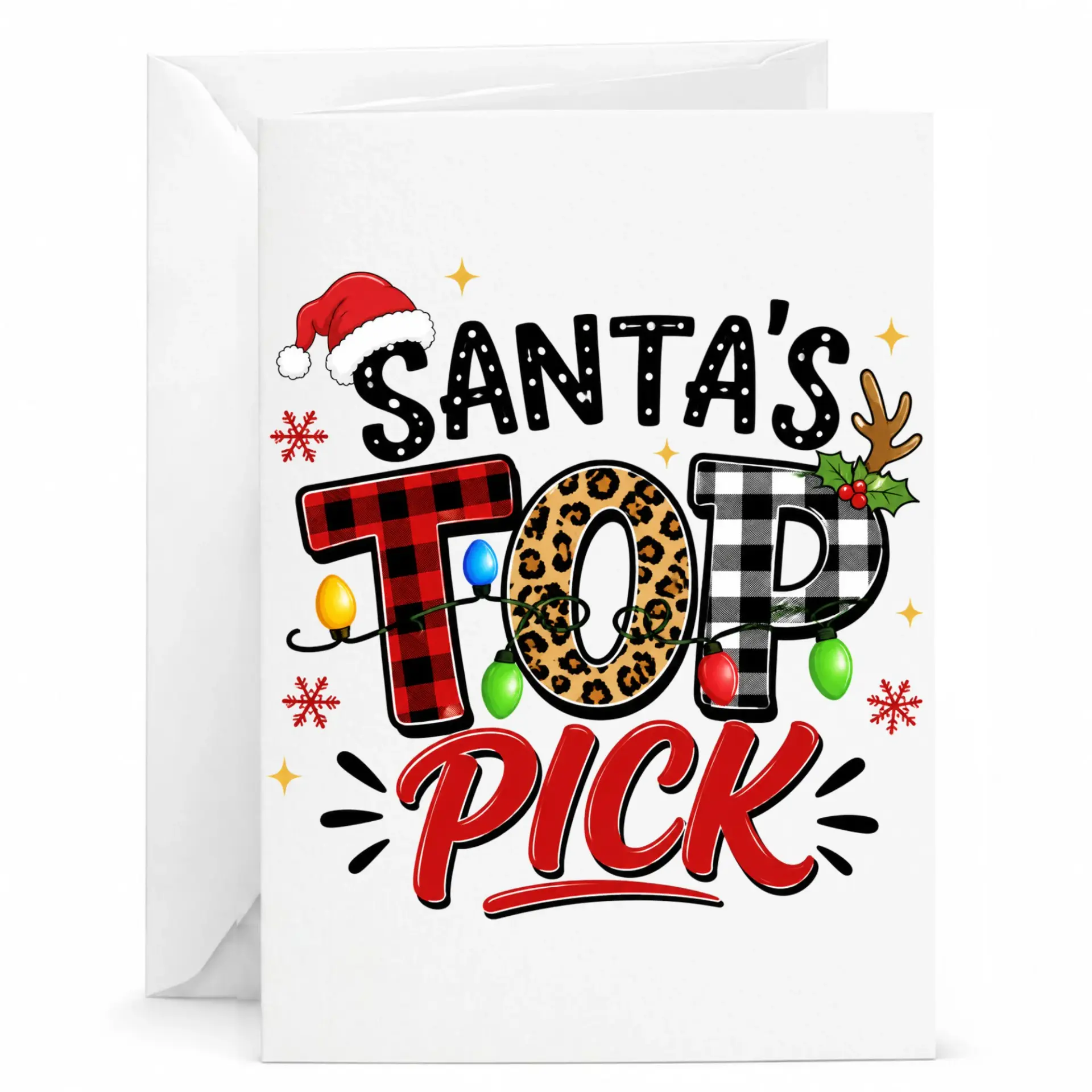 Greeting Card Santa's Top Pick Holiday Design Featuring Festive Plaid Leopard Print Text for Seasonal Greetings