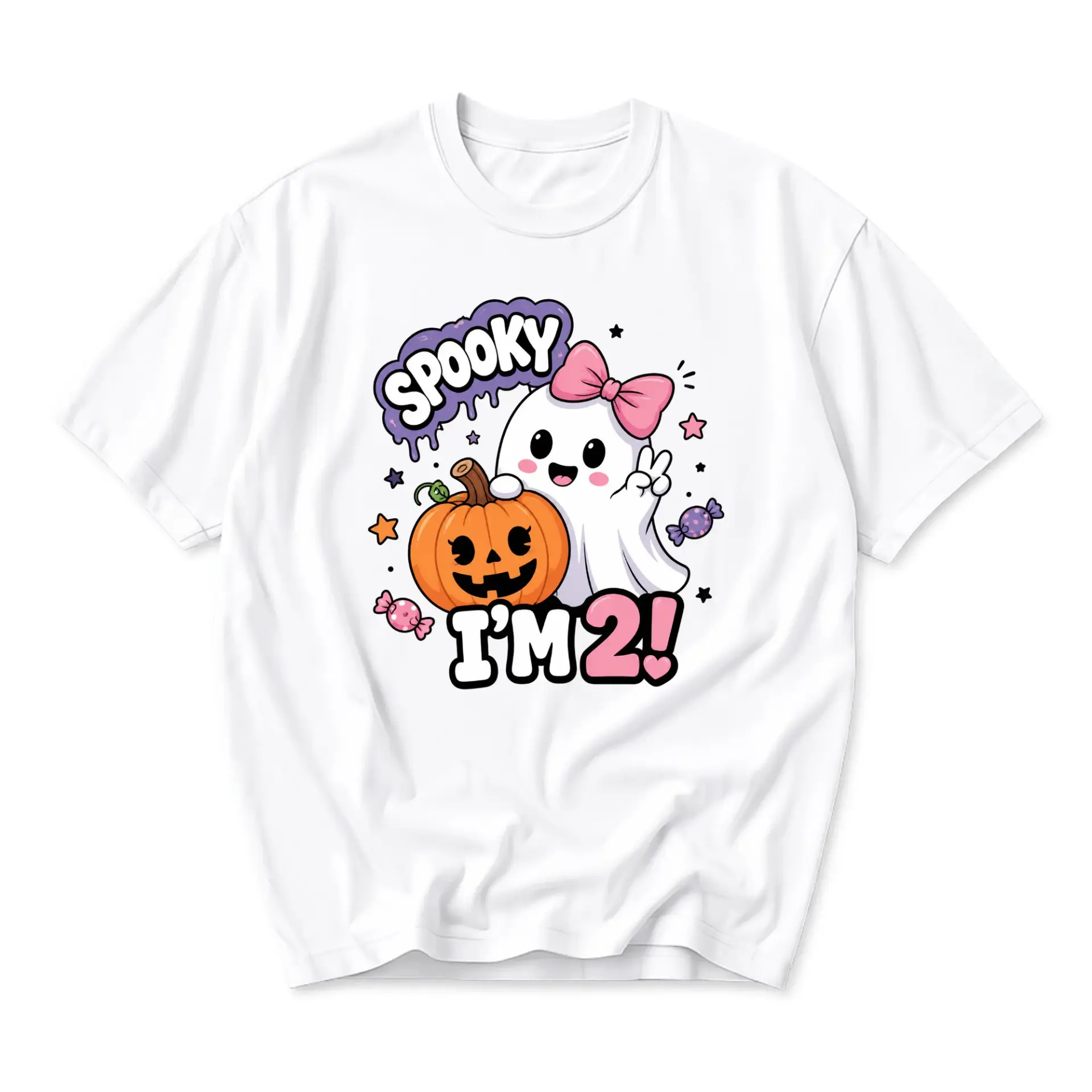 Funny Shirt Spooky I Am 2 Graphic Tee Cute Ghost Pumpkin Illustration Unisex Cotton Casual Crew Neck Short Sleeve