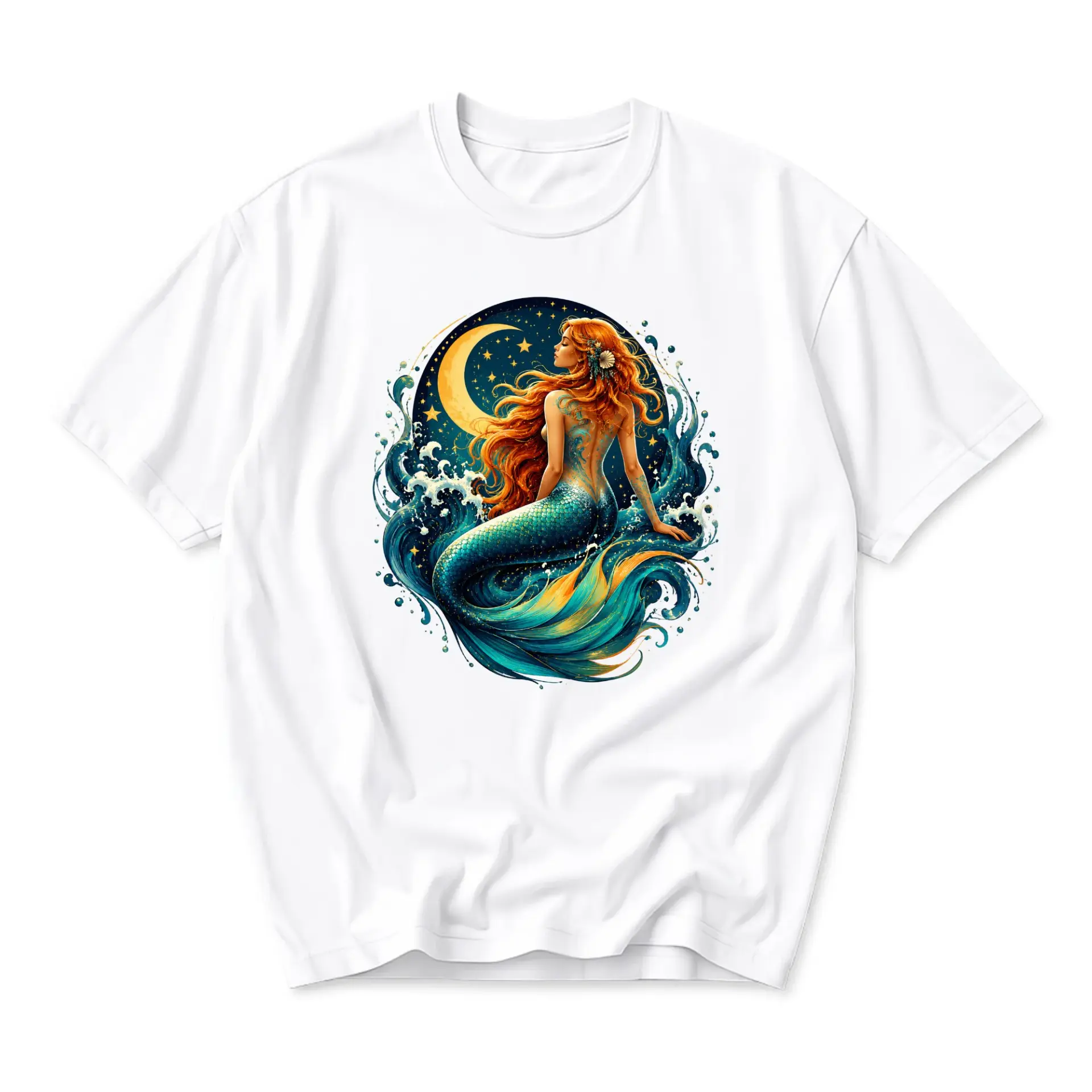 Graphic Tee Unisex Crew Neck T-Shirt Featuring Mystical Mermaid under Crescent Moon Artistic Fantasy Illustration