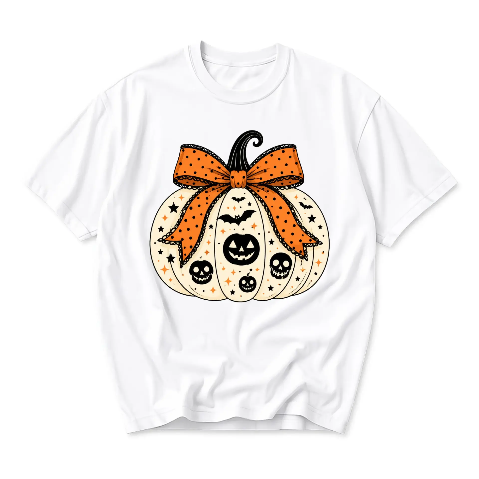 Graphic Tee Unisex Crew Neck T-Shirt Featuring Spooky Pumpkin with Polka Dot Bow and Halloween Skulls Design
