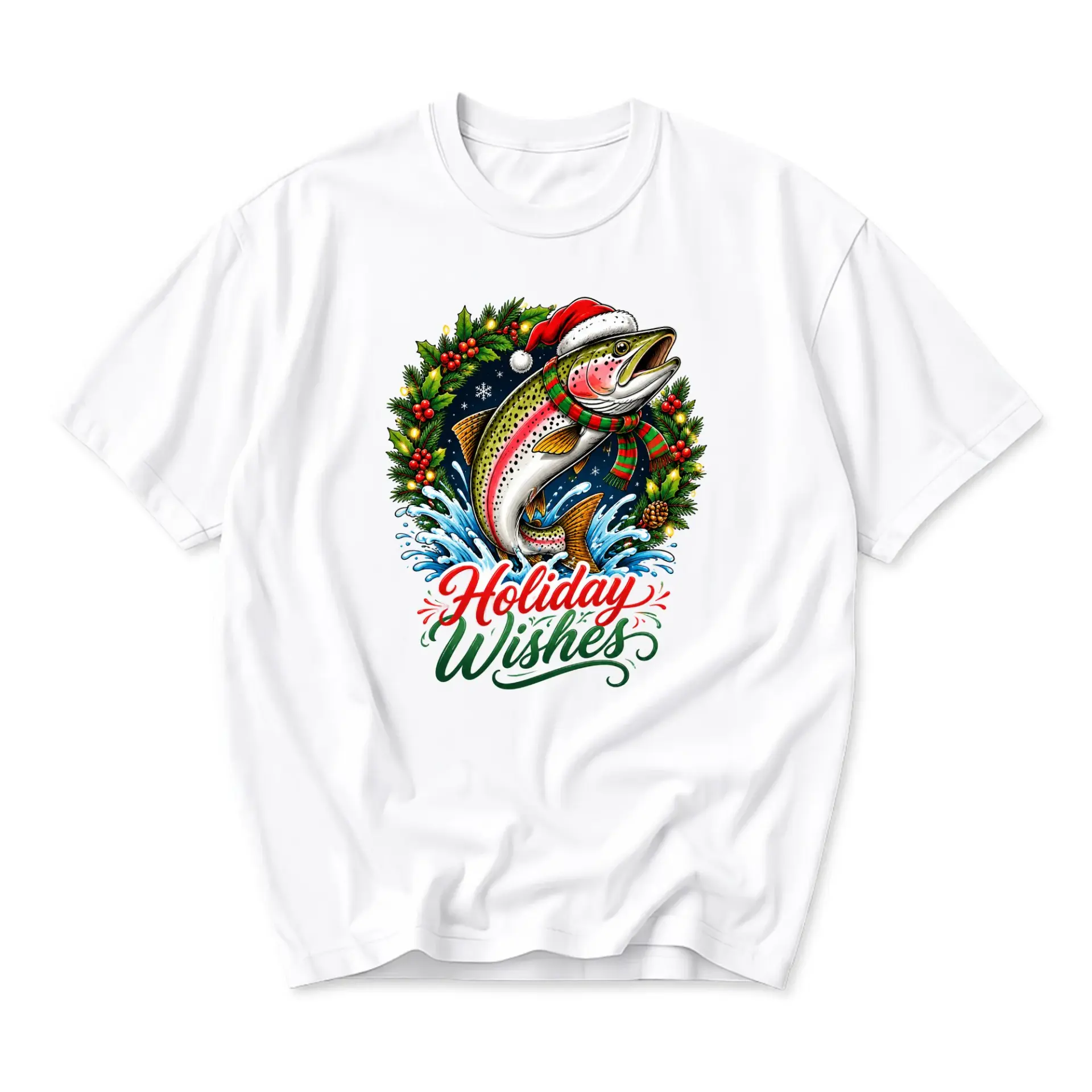 Funny Shirt Holiday Wishes Rainbow Trout Graphic Tee Casual Unisex Short Sleeve Crew Neck Cotton Blend Top