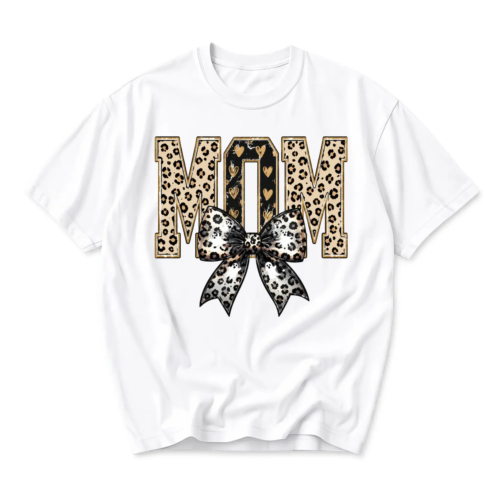 Graphic Tee Mom Leopard Print Varsity Letter Design Casual Short Sleeve Unisex Crew Neck Cotton Blend Shirt