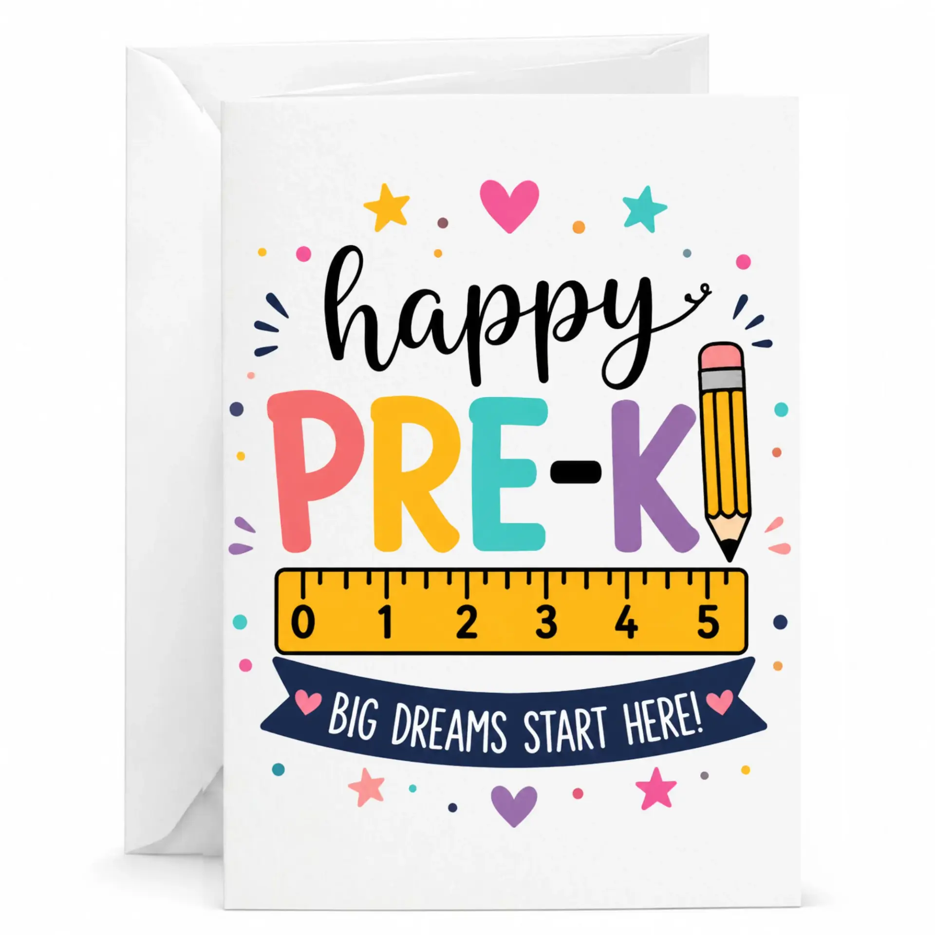 Greeting Card Happy Pre-K Big Dreams Design Colorful Educational Stationery with Matching White Envelope