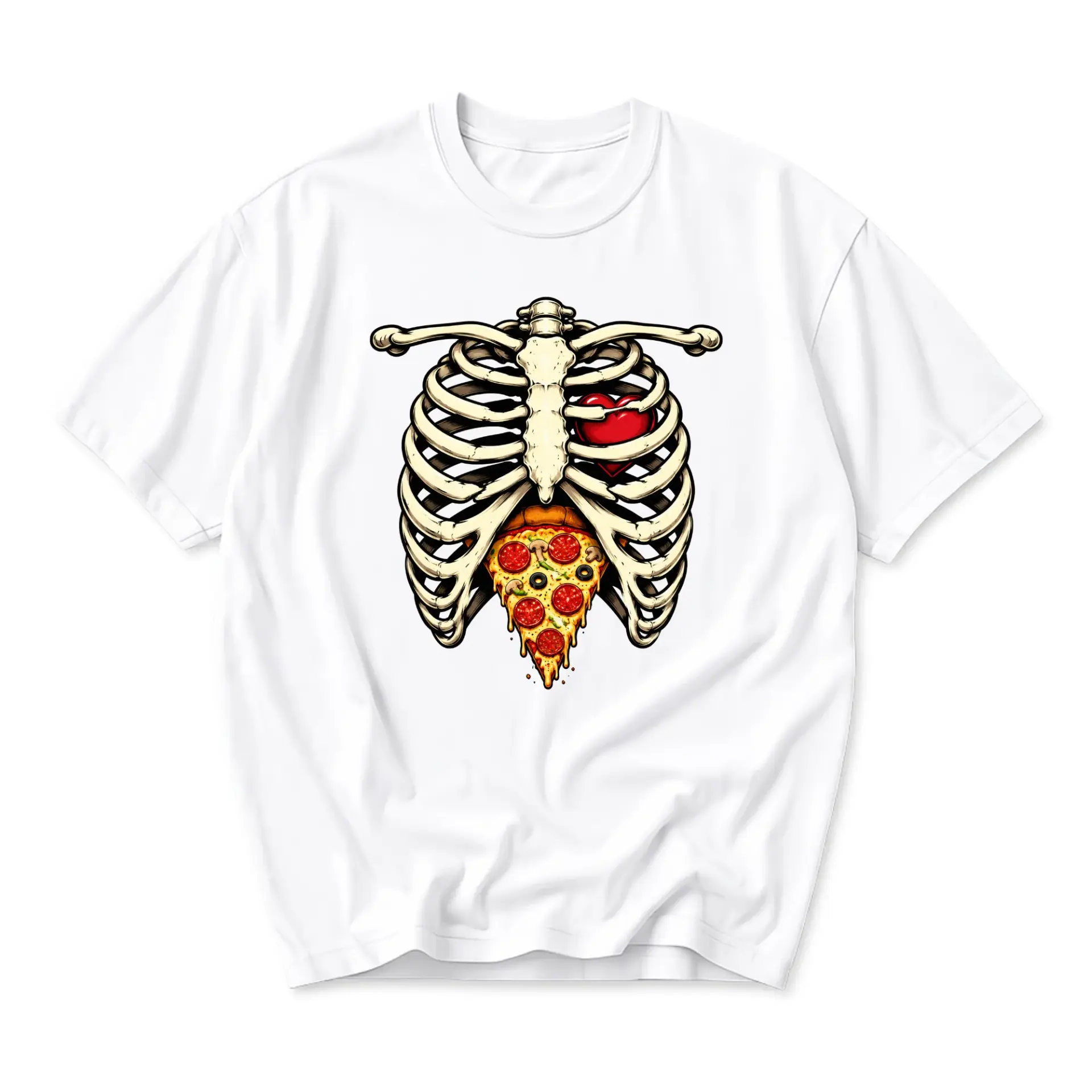 Graphic Tee Skeleton Rib Cage with Pizza and Heart Illustration Unisex Crew Neck Everyday Casual Cotton Shirt