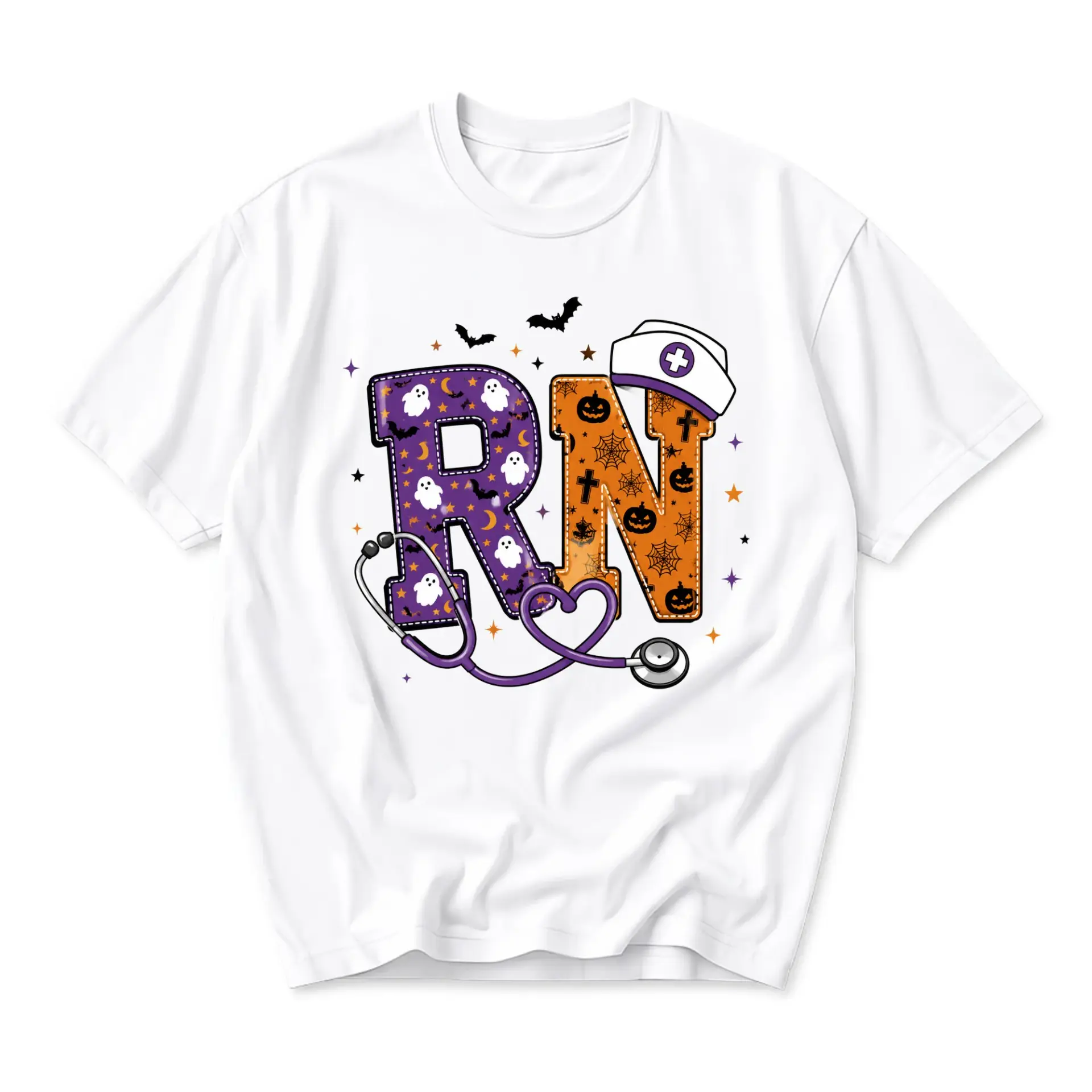 Graphic Tee Nurse Halloween Spooky Rn Shirt with Stethoscope and Medical Cap Design Unisex Casual Short Sleeve Top